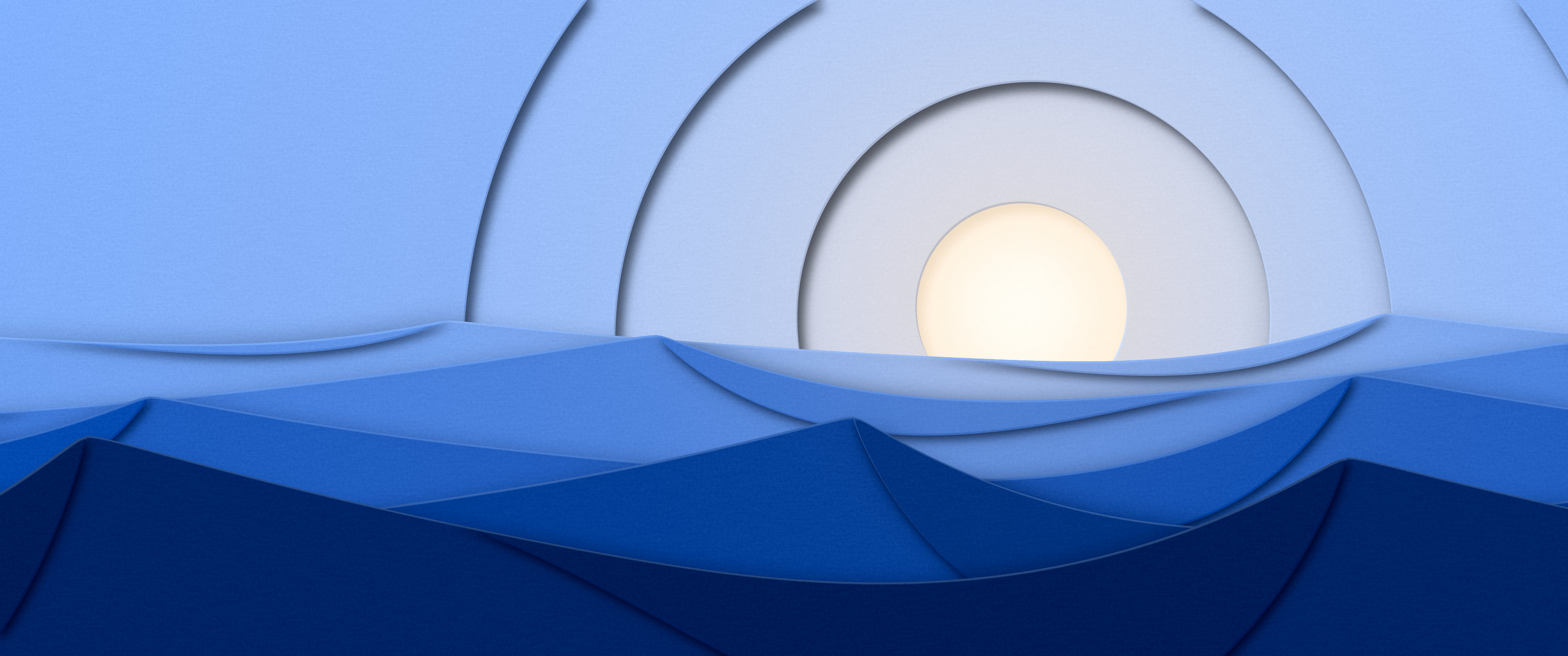 Blue 3D Paper Cut Desert Dunes at Sunset ultrawide wallpaper, 3440 × 1440