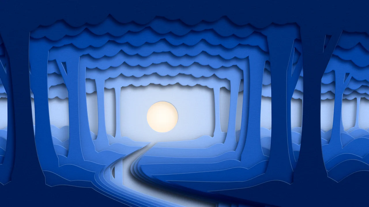 Blue 3D Paper Cut Forest desktop wallpaper in 4K