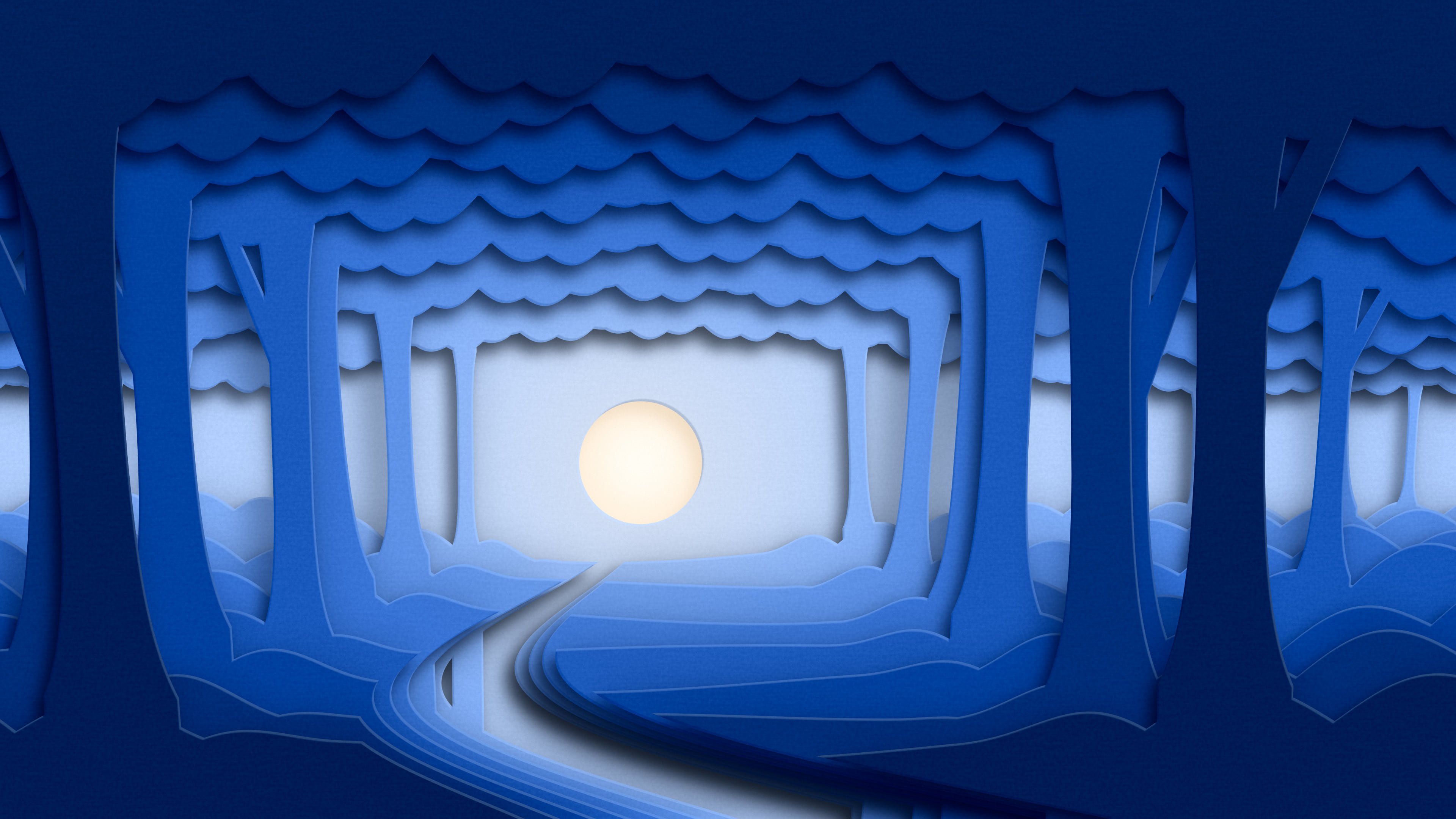 Blue 3D Paper Cut Forest desktop wallpaper in 4K