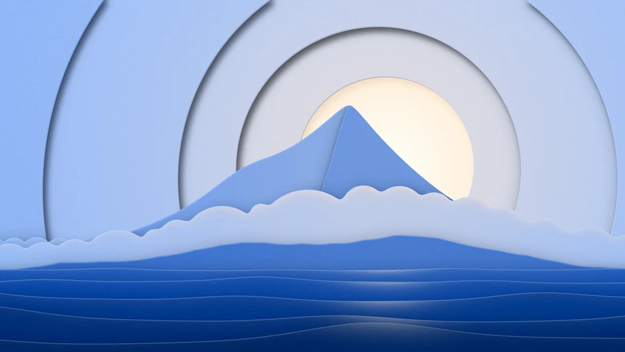 Blue 3D Paper Cut Island desktop wallpaper in 4K