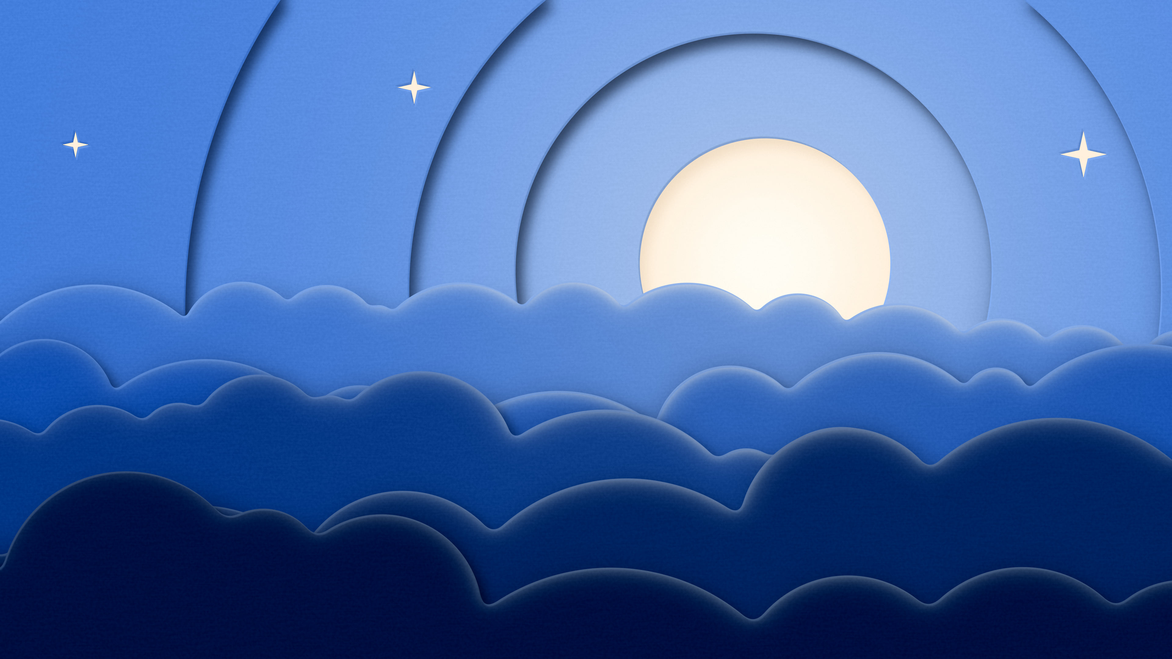 Blue 3D Paper Cut Moon and Clouds desktop wallpaper in 4K