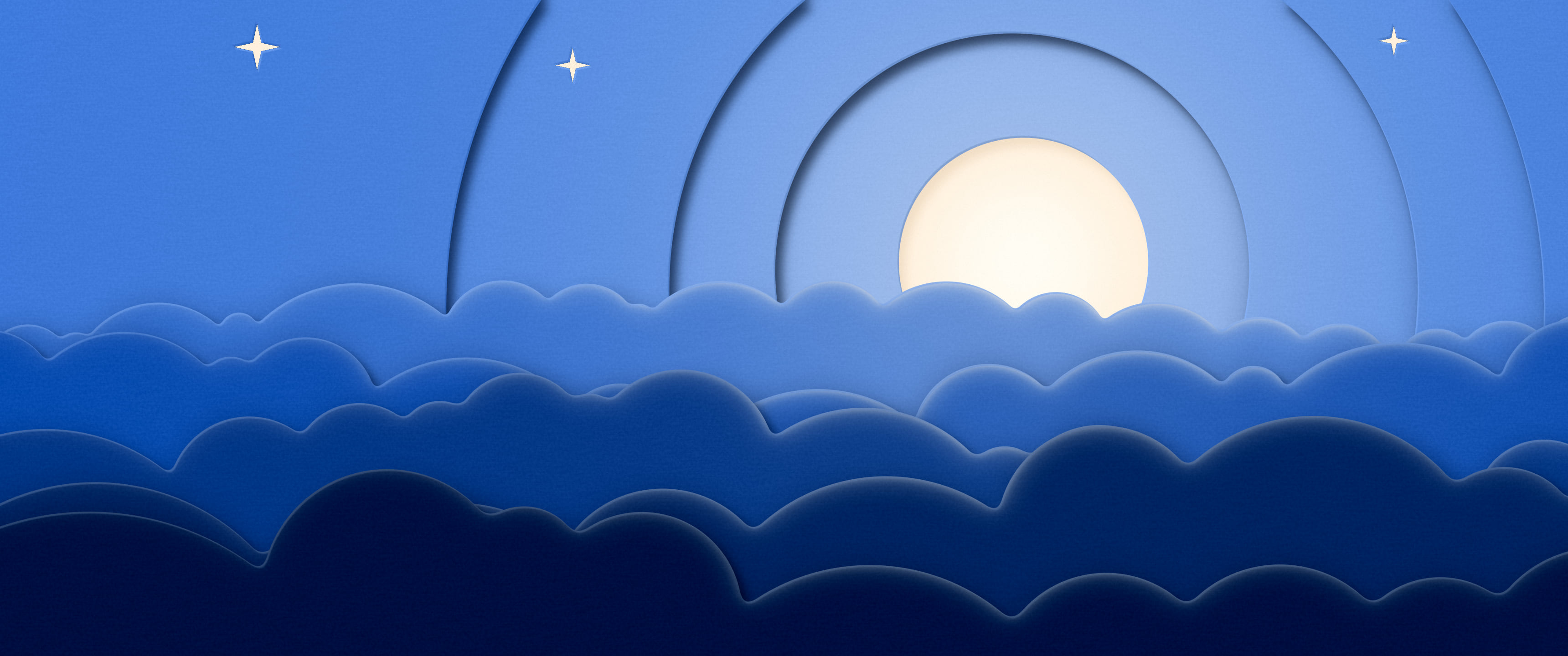 Blue 3D Paper Cut Moon and Clouds ultrawide wallpaper, 3440 × 1440