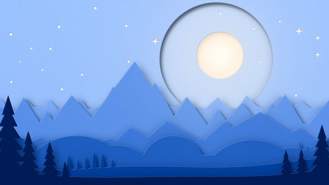 Blue 3D Paper Cut Mountains and Moon desktop wallpaper in 4K