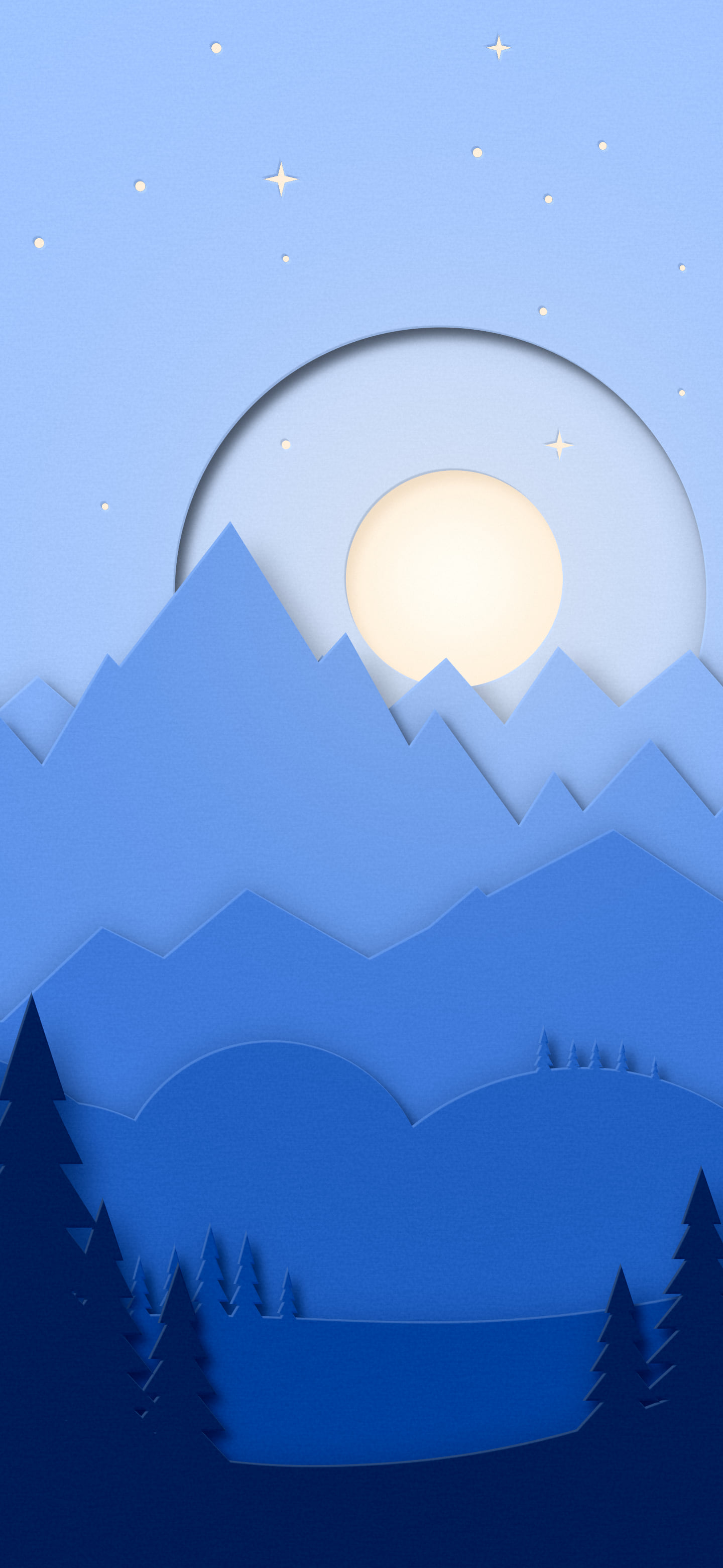Blue 3D Paper Cut Mountains and Moon wallpaper for iPhone and Android