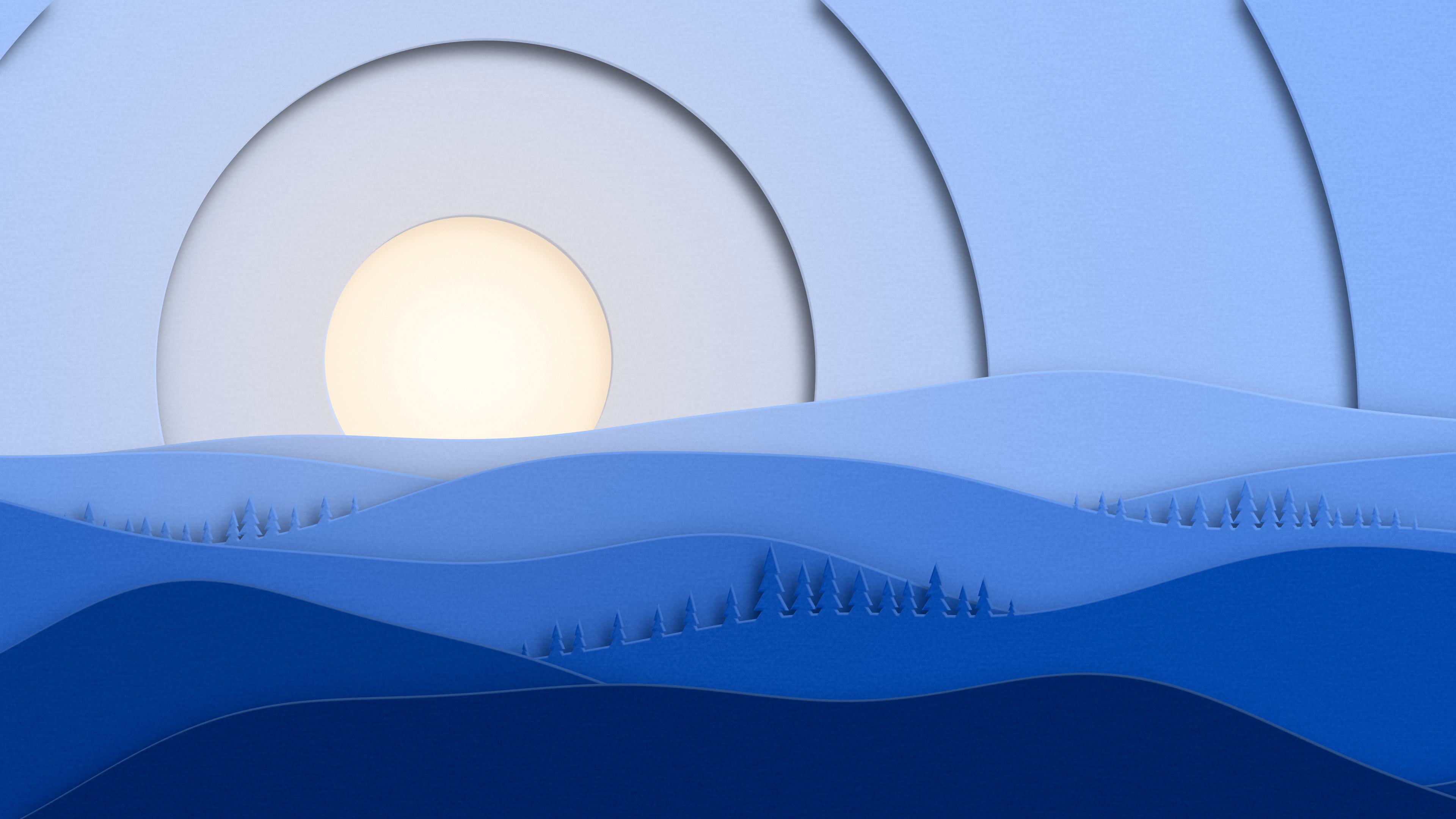 Blue 3D Paper Cut Rolling Hills desktop wallpaper in 4K