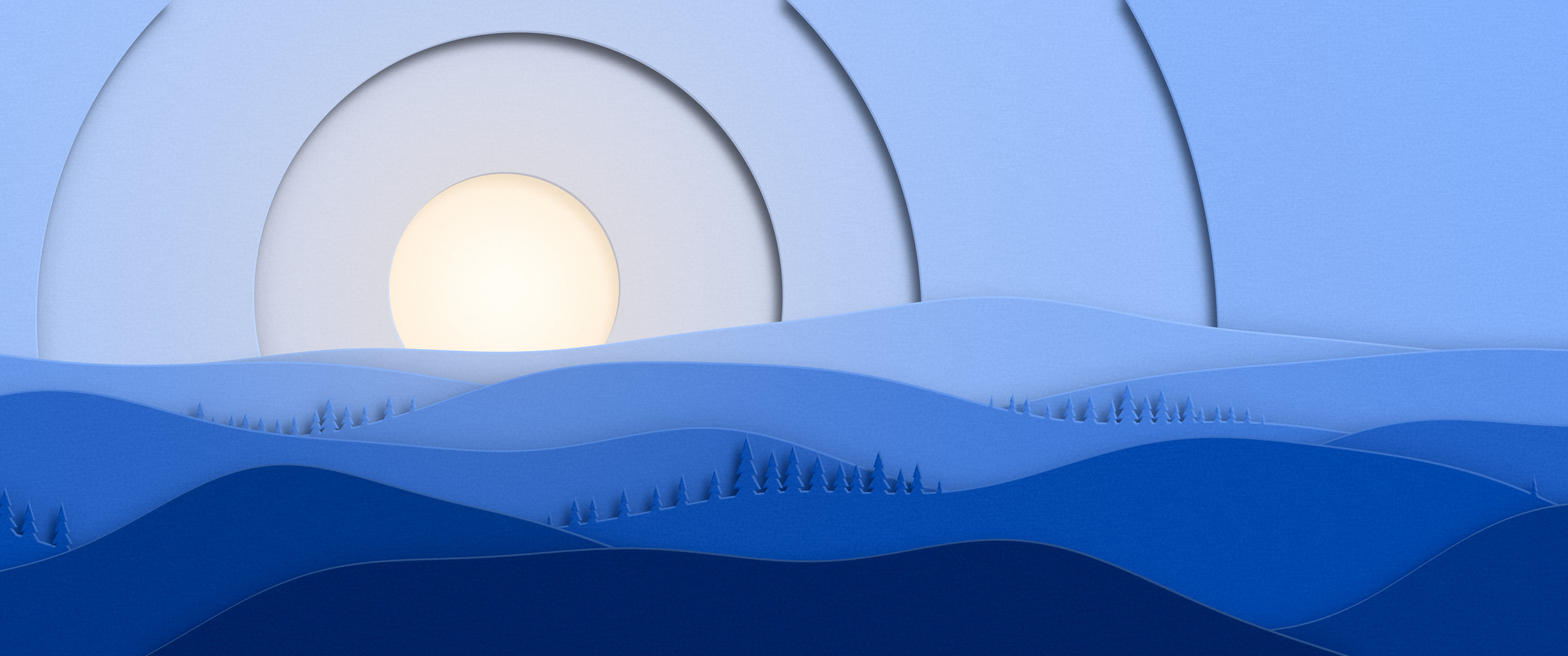 Blue 3D Paper Cut Rolling Hills ultrawide wallpaper, 3440 × 1440