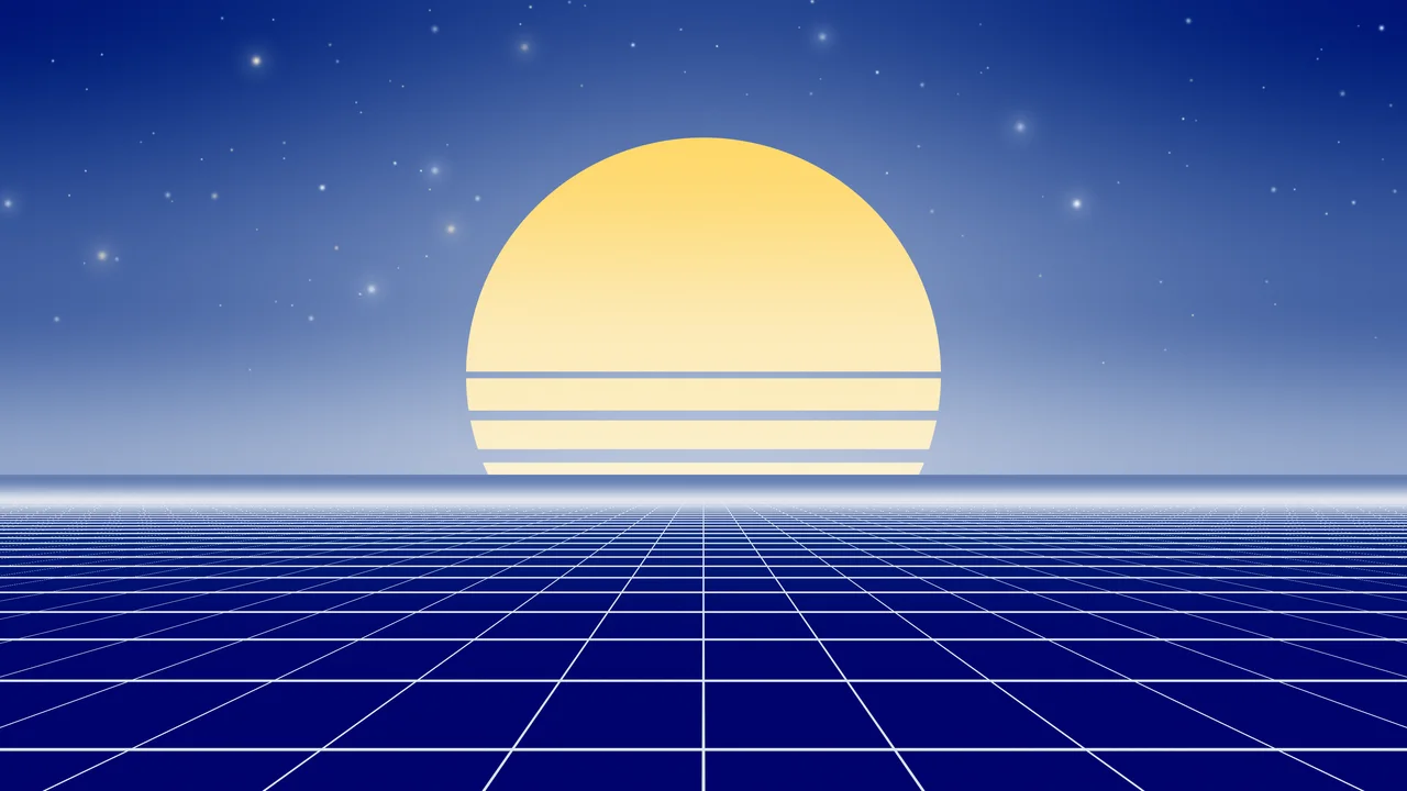 Blue and White Synthwave Grid Sunset desktop wallpaper in 4K