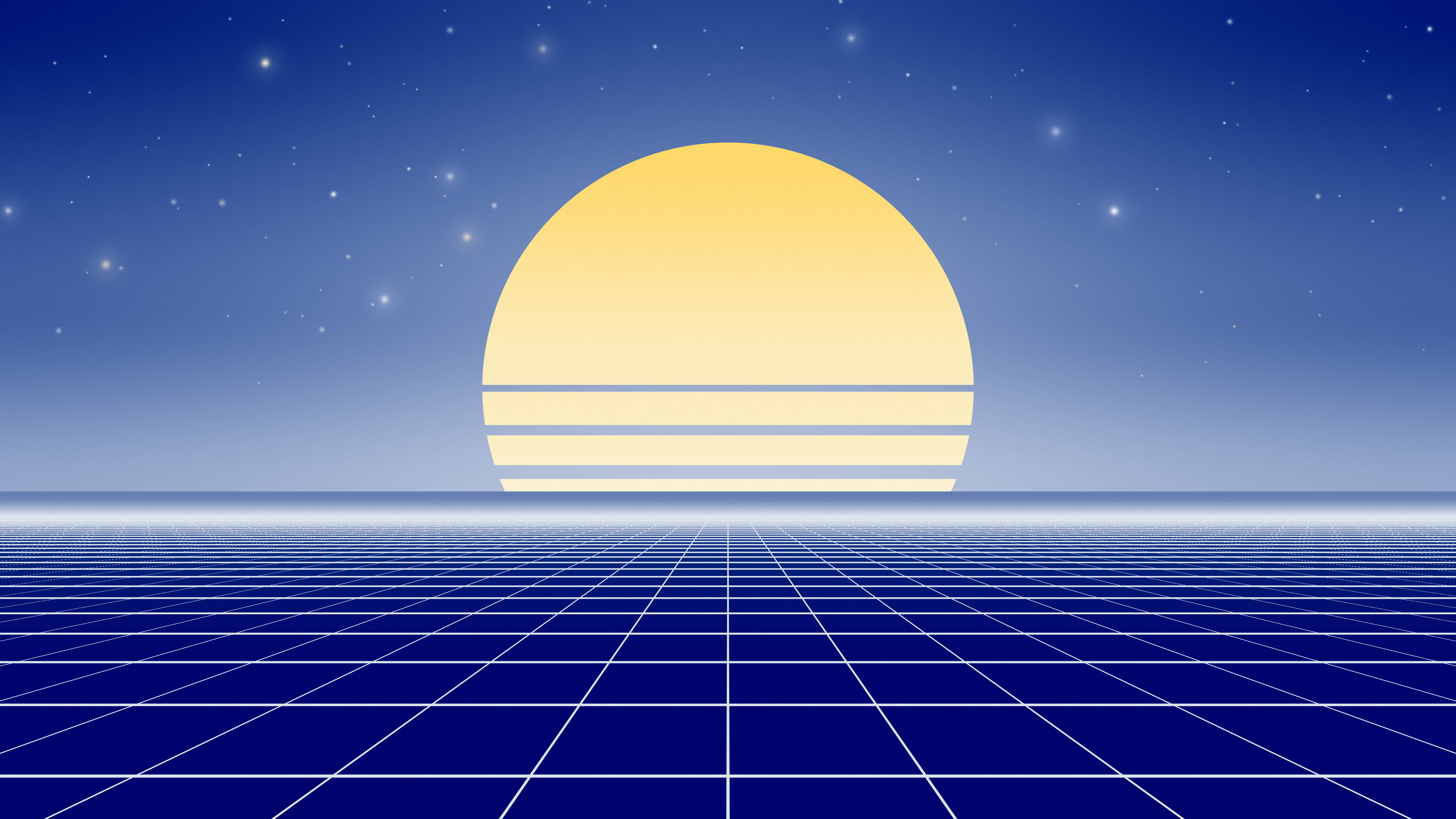 Blue and White Synthwave Grid Sunset desktop wallpaper in 4K