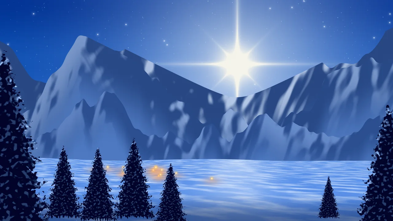 Blue Christmas Star over Mountains desktop wallpaper in 4K