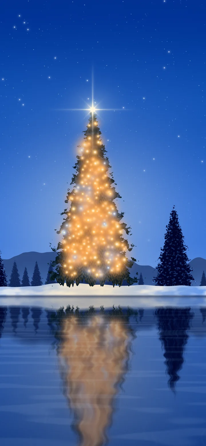 Blue Christmas Tree by a Lake wallpaper for iPhone and Android