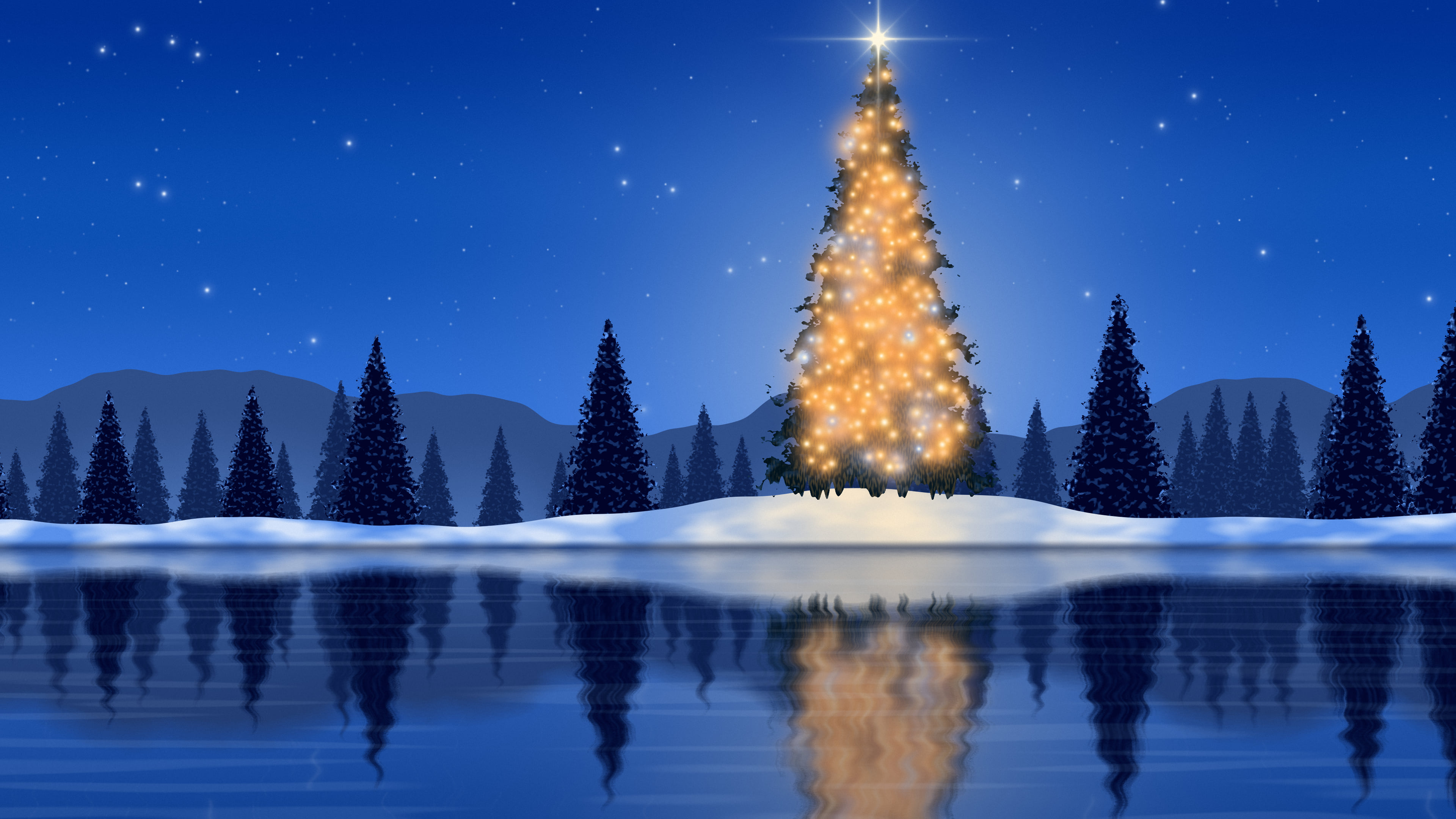 Blue Christmas Tree by a Lake desktop wallpaper in 4K