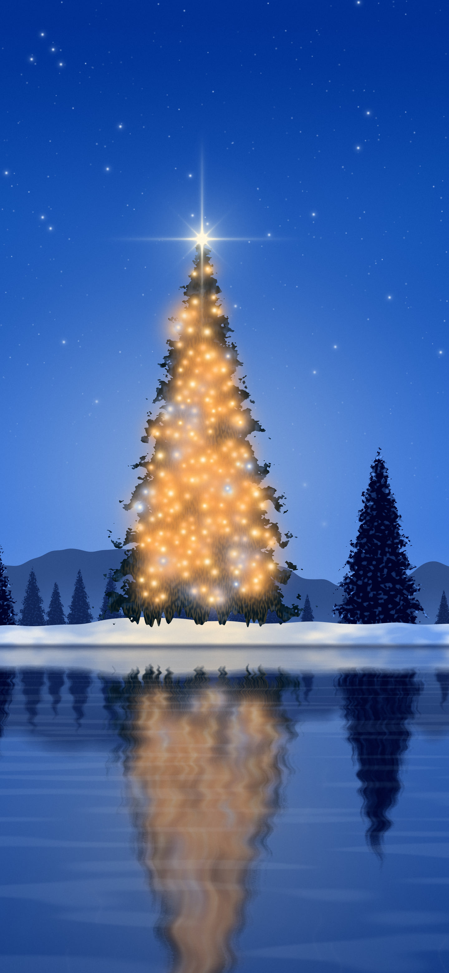 Blue Christmas Tree by a Lake wallpaper for iPhone and Android