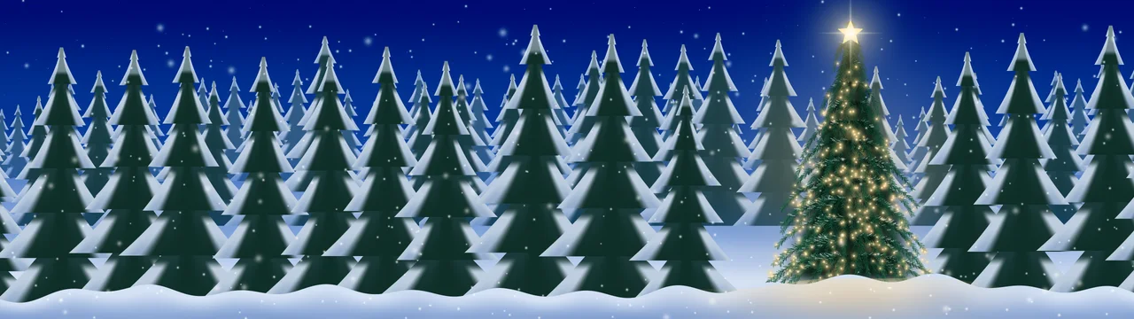 Blue Christmas Tree in a Snowy Forest dual monitor wallpaper, 7680 × 2160