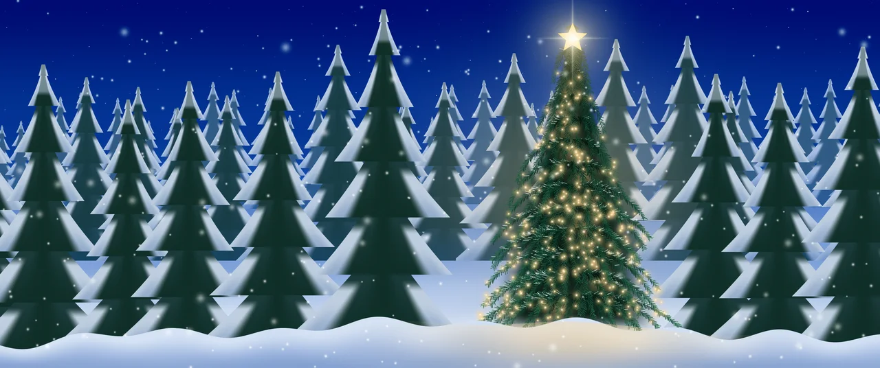 Blue Christmas Tree in a Snowy Forest ultrawide wallpaper, 3440 × 1440