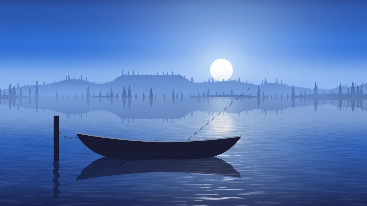 Blue Fishing Rowboat on a Misty Lake desktop wallpaper in 4K