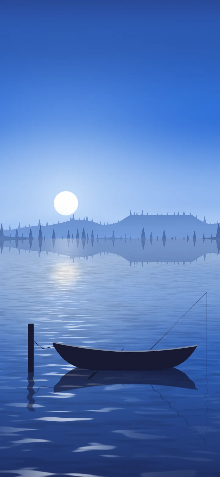 Blue Fishing Rowboat on a Misty Lake wallpaper for iPhone and Android