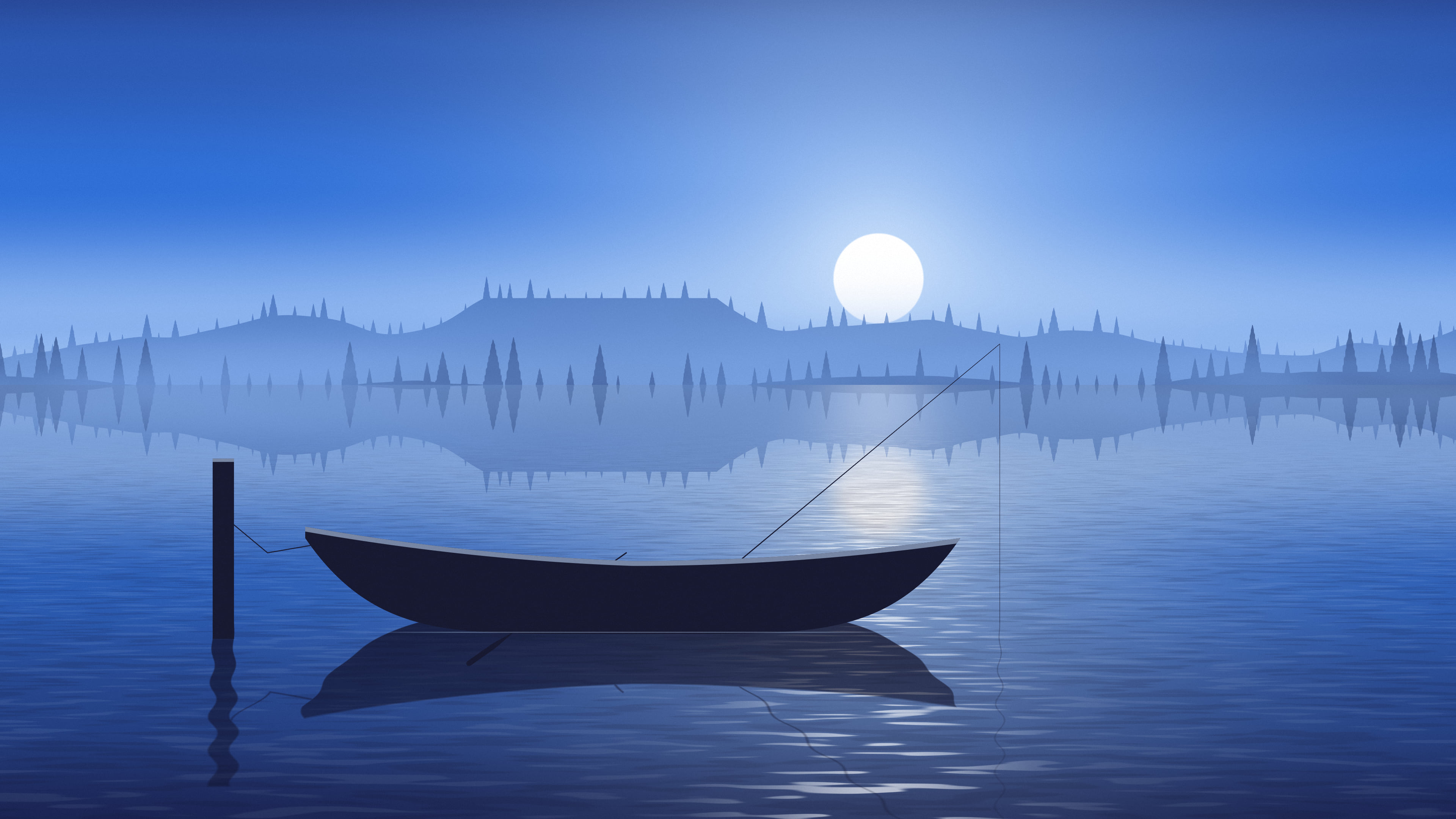 Blue Fishing Rowboat on a Misty Lake desktop wallpaper in 4K