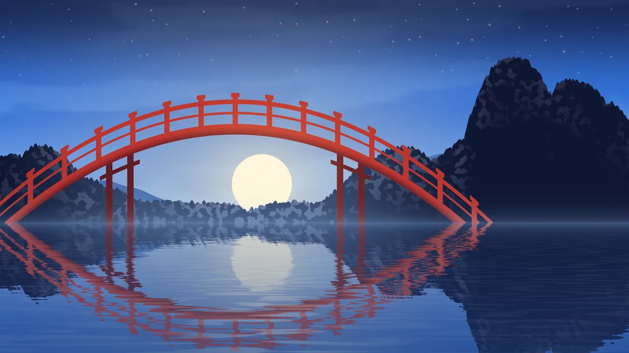 Blue Japanese Garden Bridge desktop wallpaper in 4K