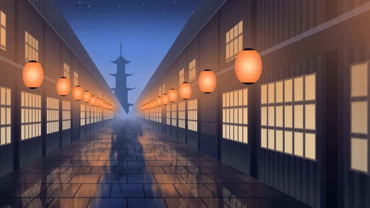 Blue Japanese Lantern Street desktop wallpaper in 4K