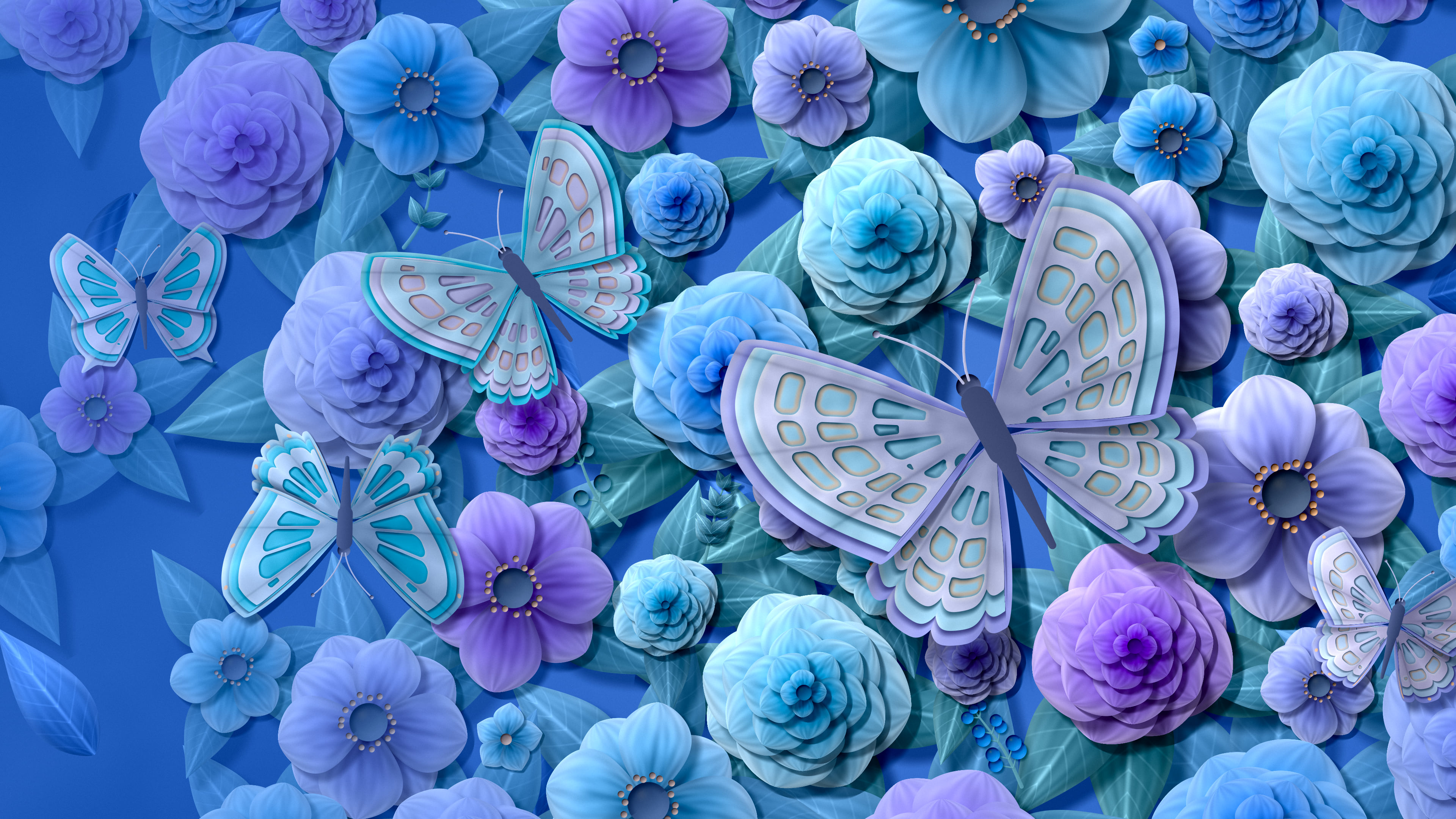 Blue Paper Butterflies and Flowers desktop wallpaper in 4K