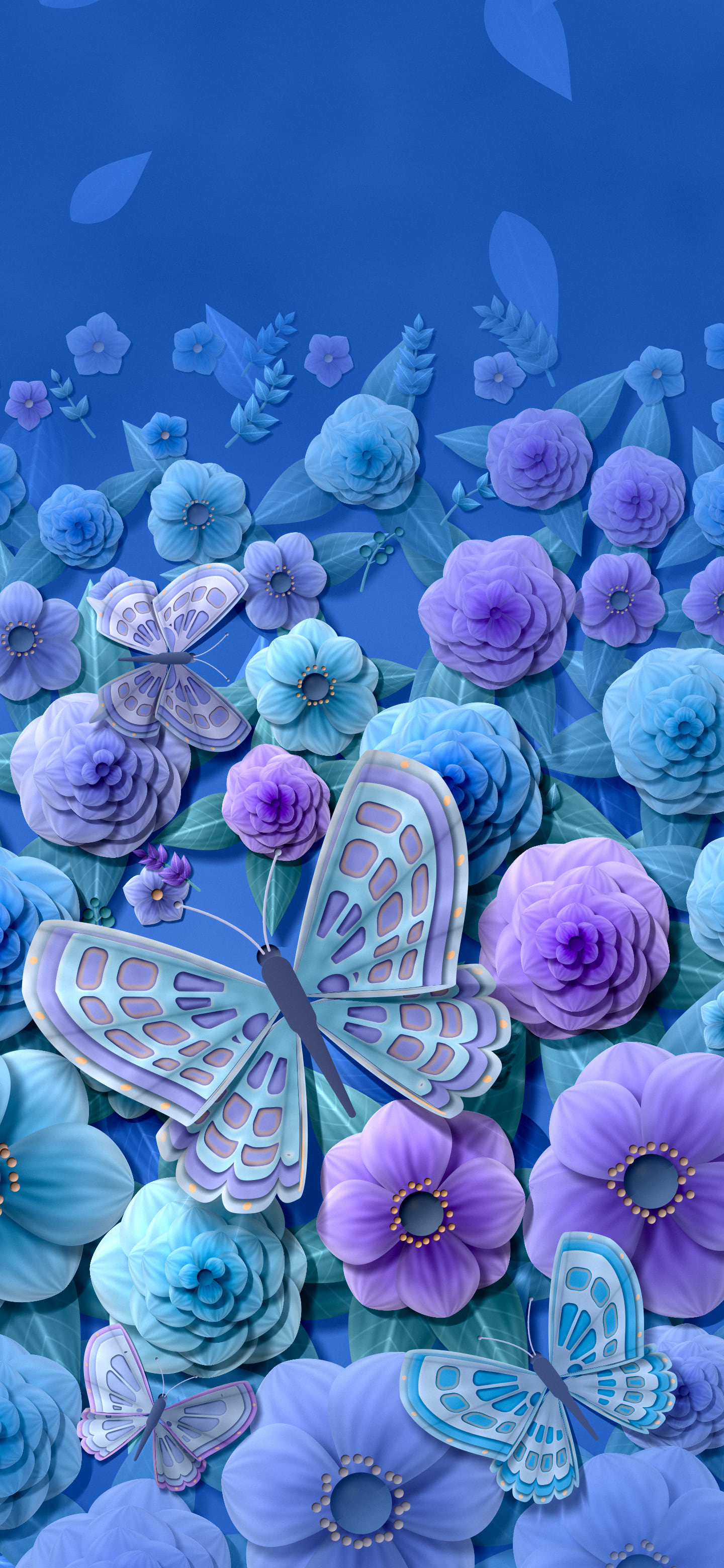 Blue Paper Butterflies and Flowers wallpaper for iPhone and Android