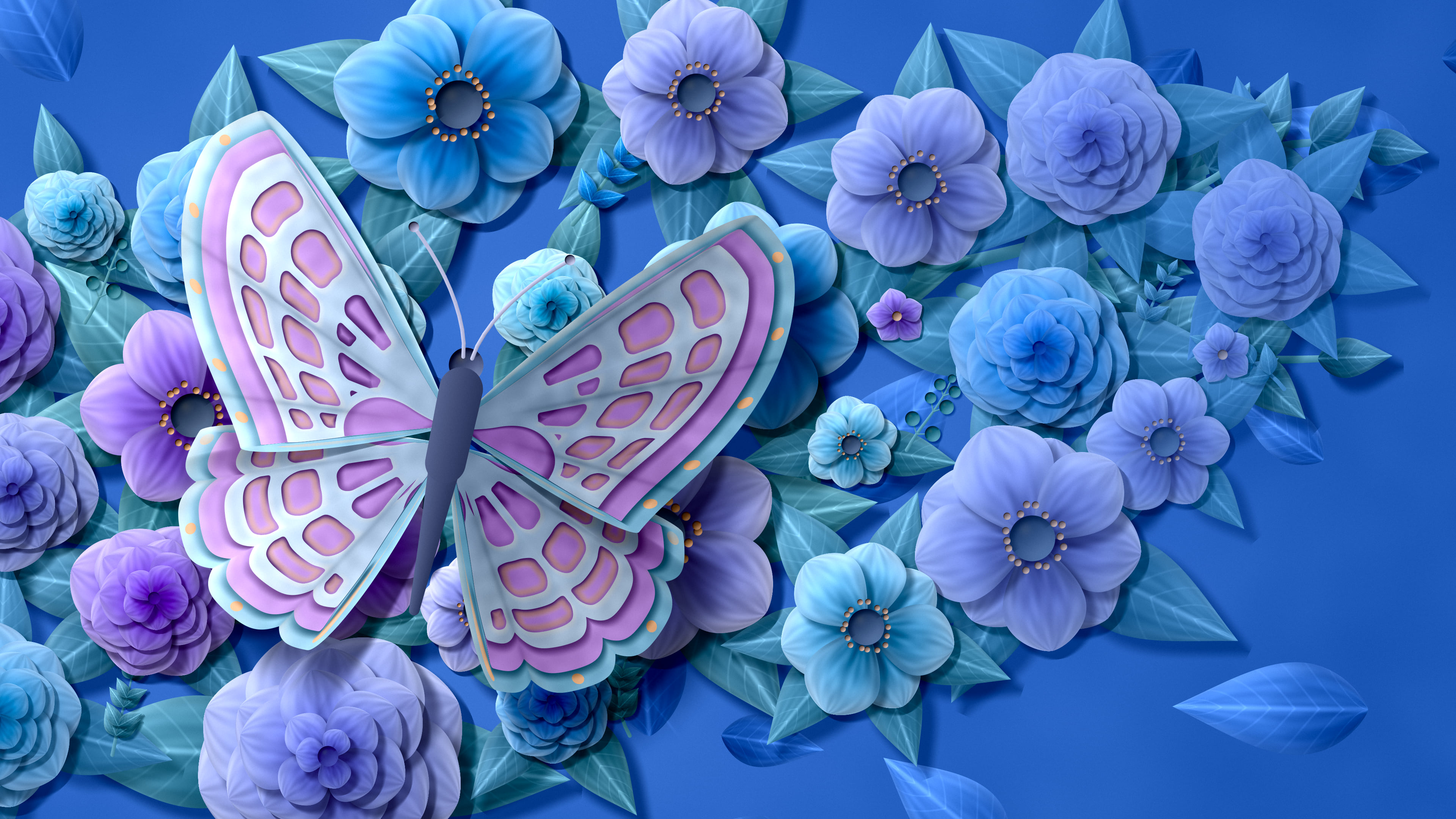 Blue Paper Butterfly on Flowers desktop wallpaper in 4K