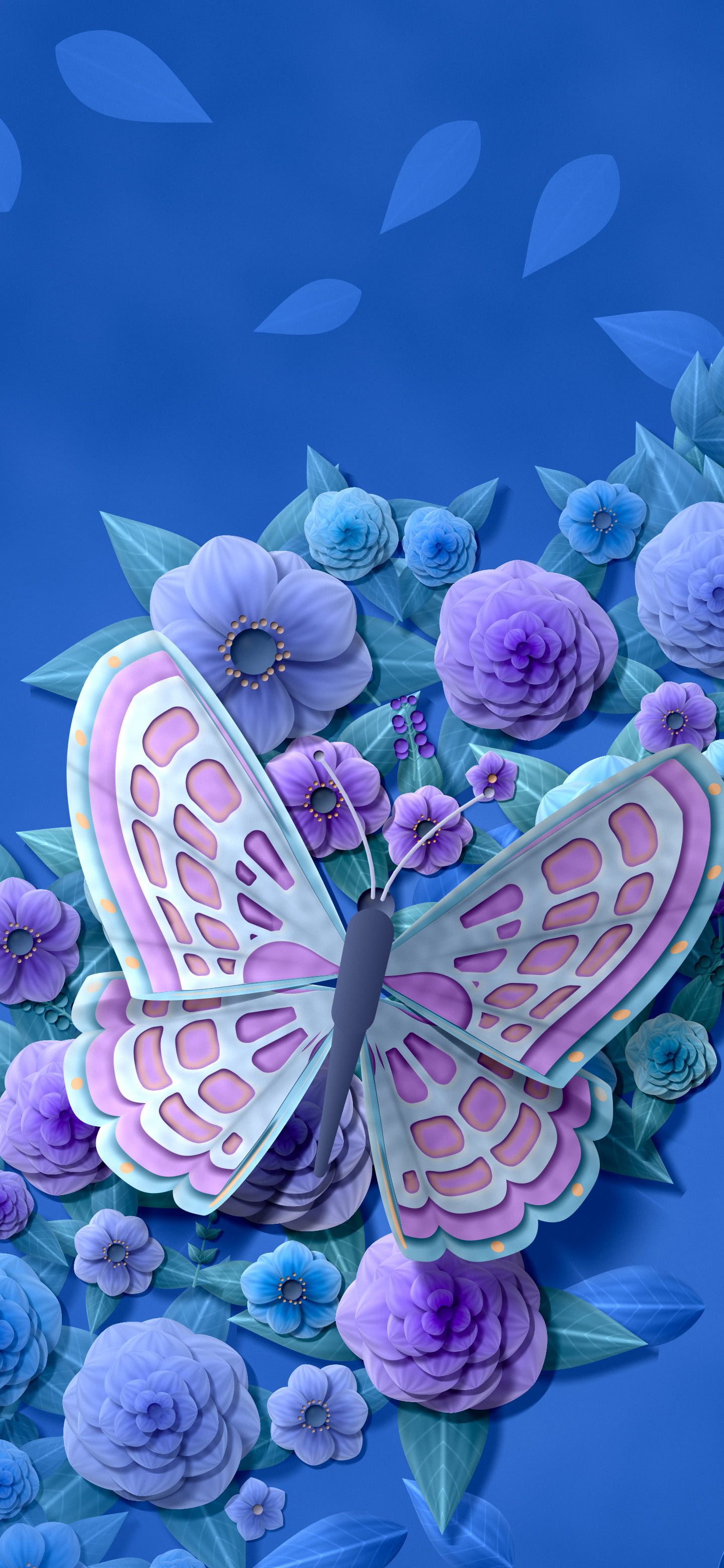 Blue Paper Butterfly on Flowers wallpaper for iPhone and Android