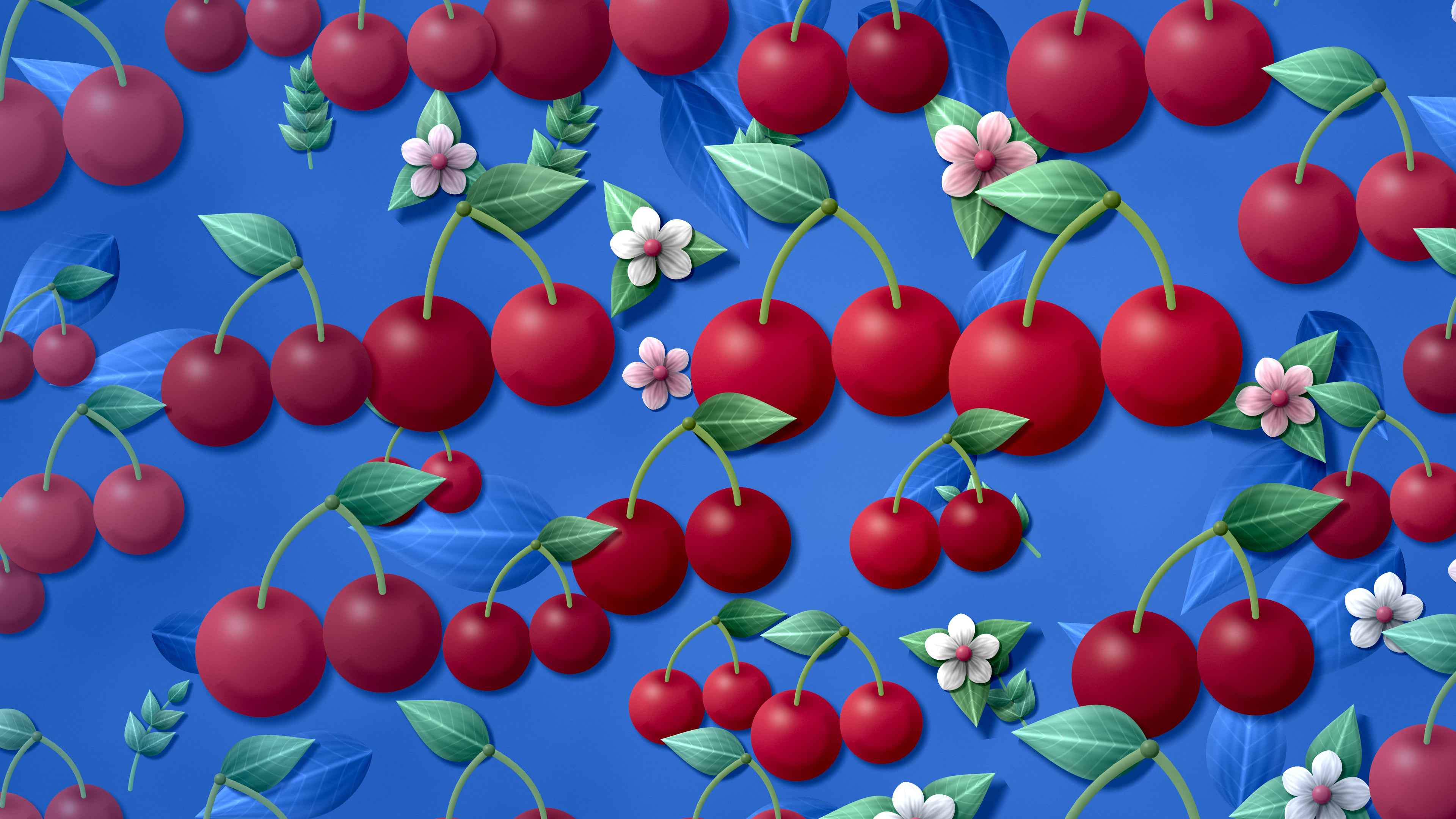 Blue Paper Cherry Pattern desktop wallpaper in 4K