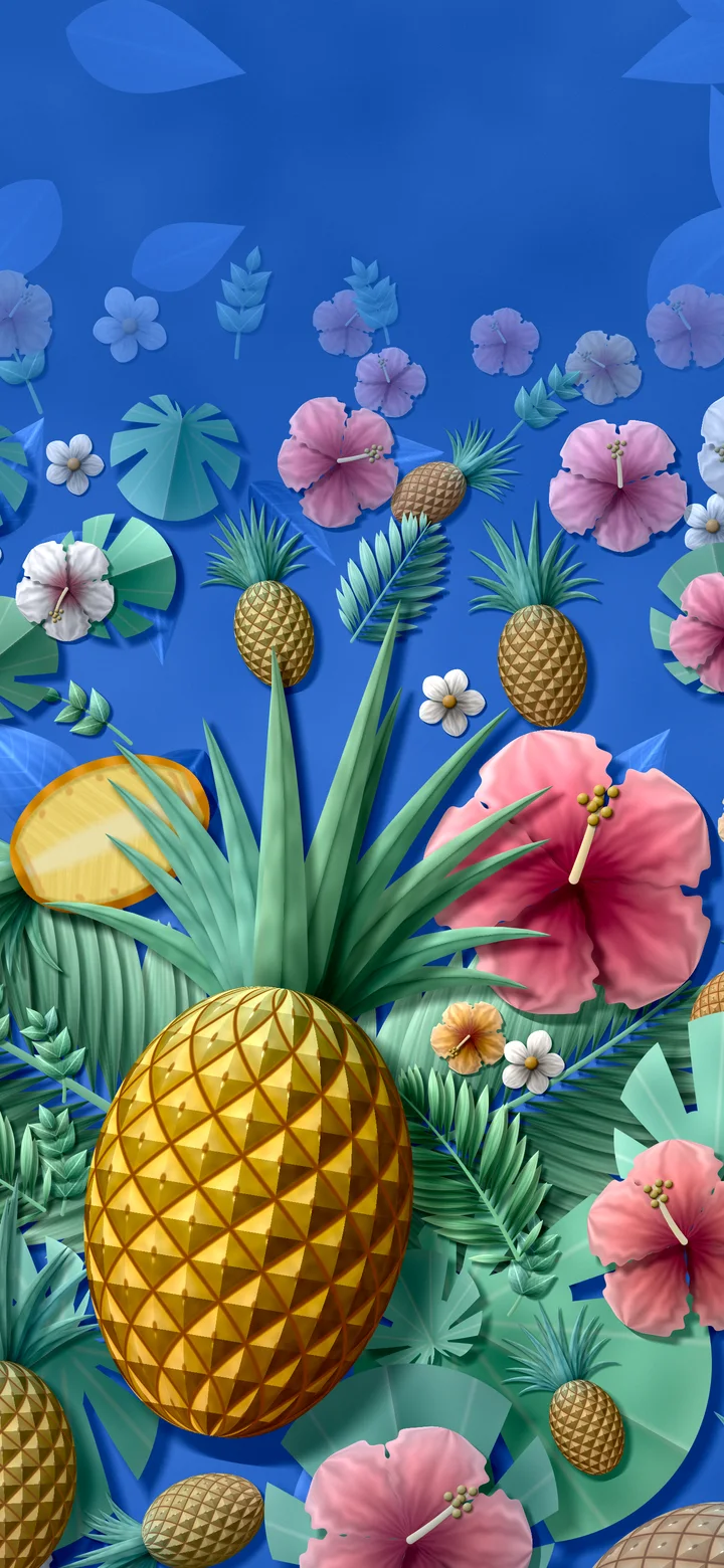 Blue Paper Pineapples and Hibiscus wallpaper for iPhone and Android