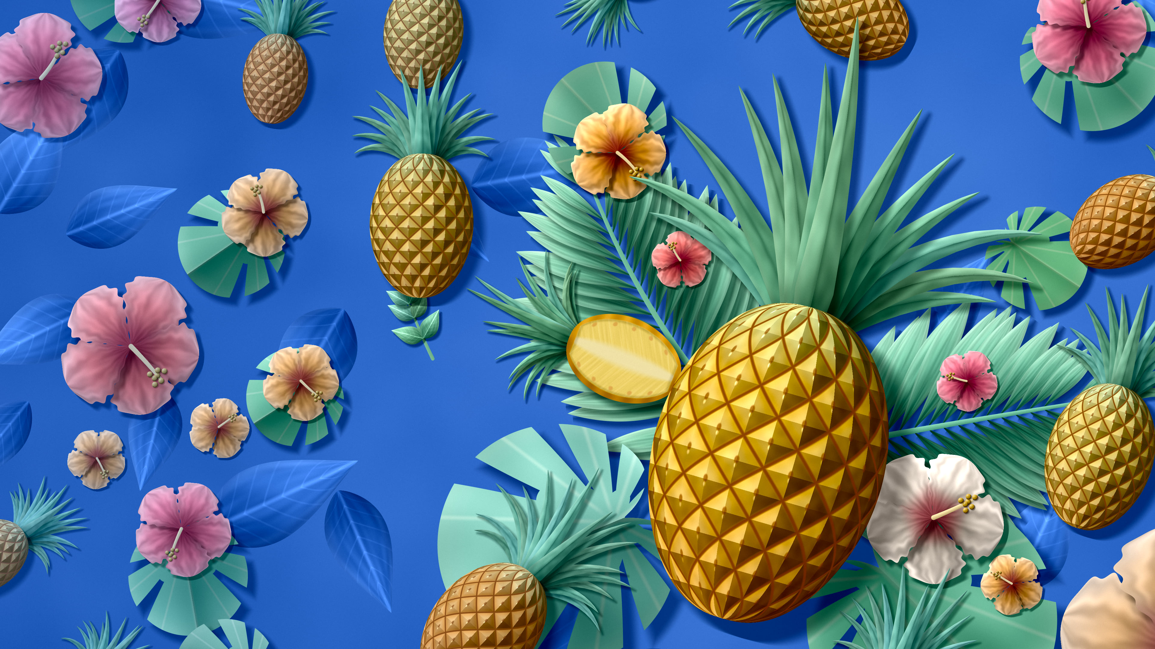 Blue Paper Pineapples and Hibiscus desktop wallpaper in 4K