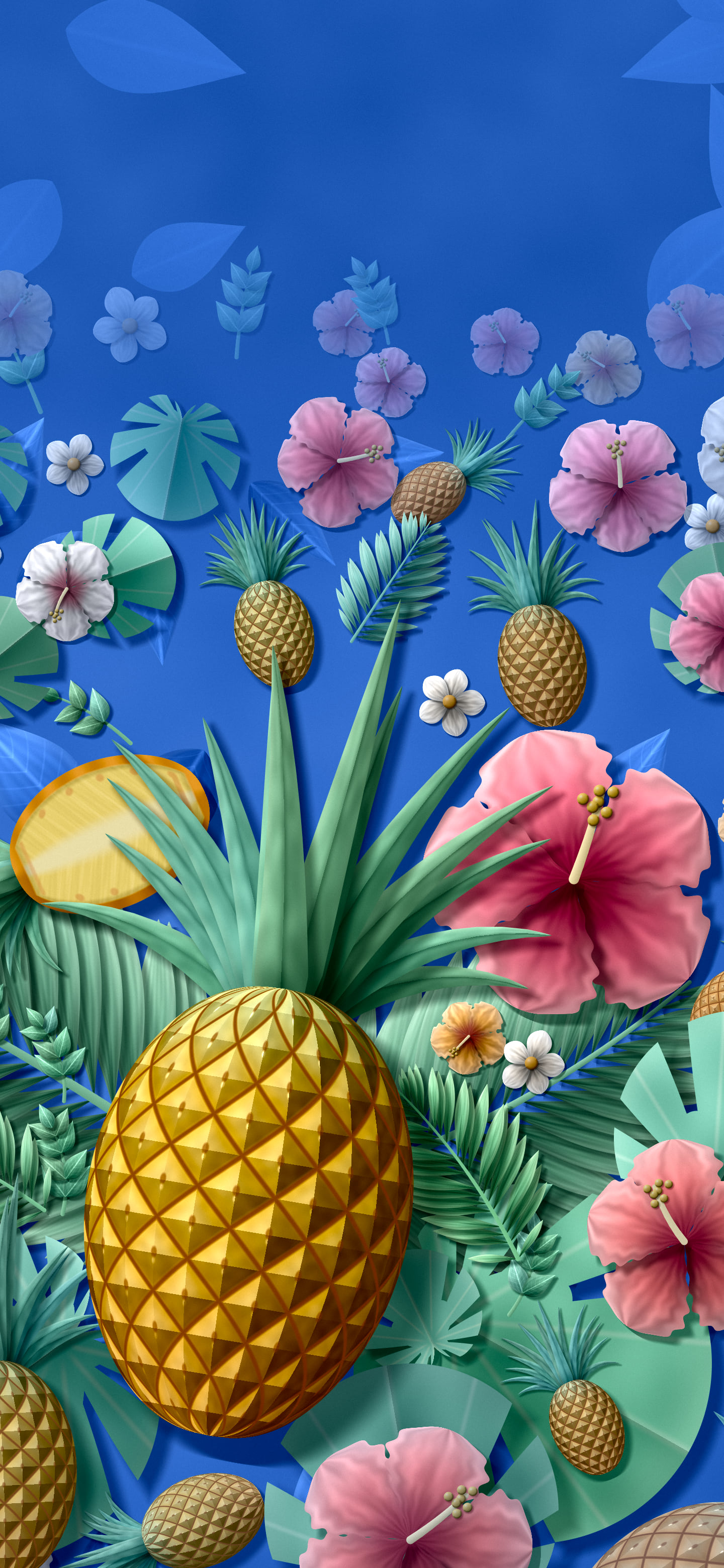 Blue Paper Pineapples and Hibiscus wallpaper for iPhone and Android