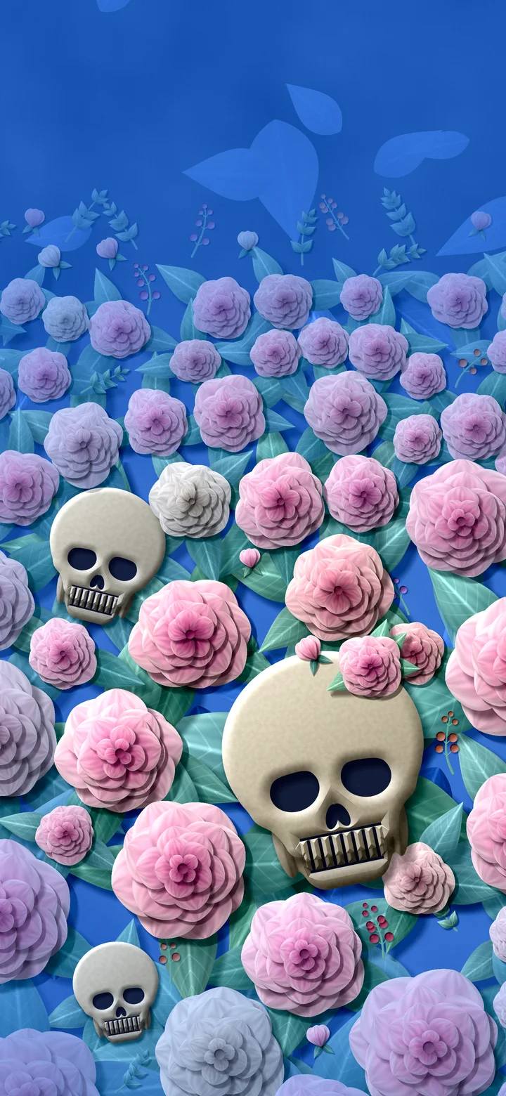 Blue Paper Skulls and Roses wallpaper for iPhone and Android