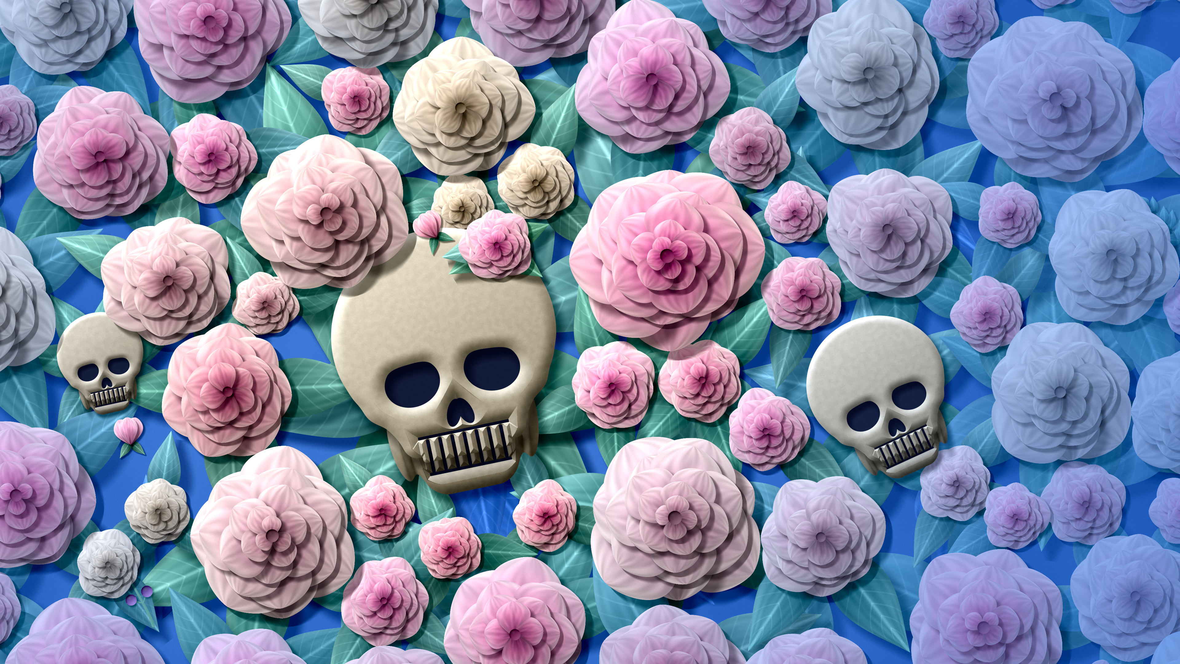 Blue Paper Skulls and Roses desktop wallpaper in 4K