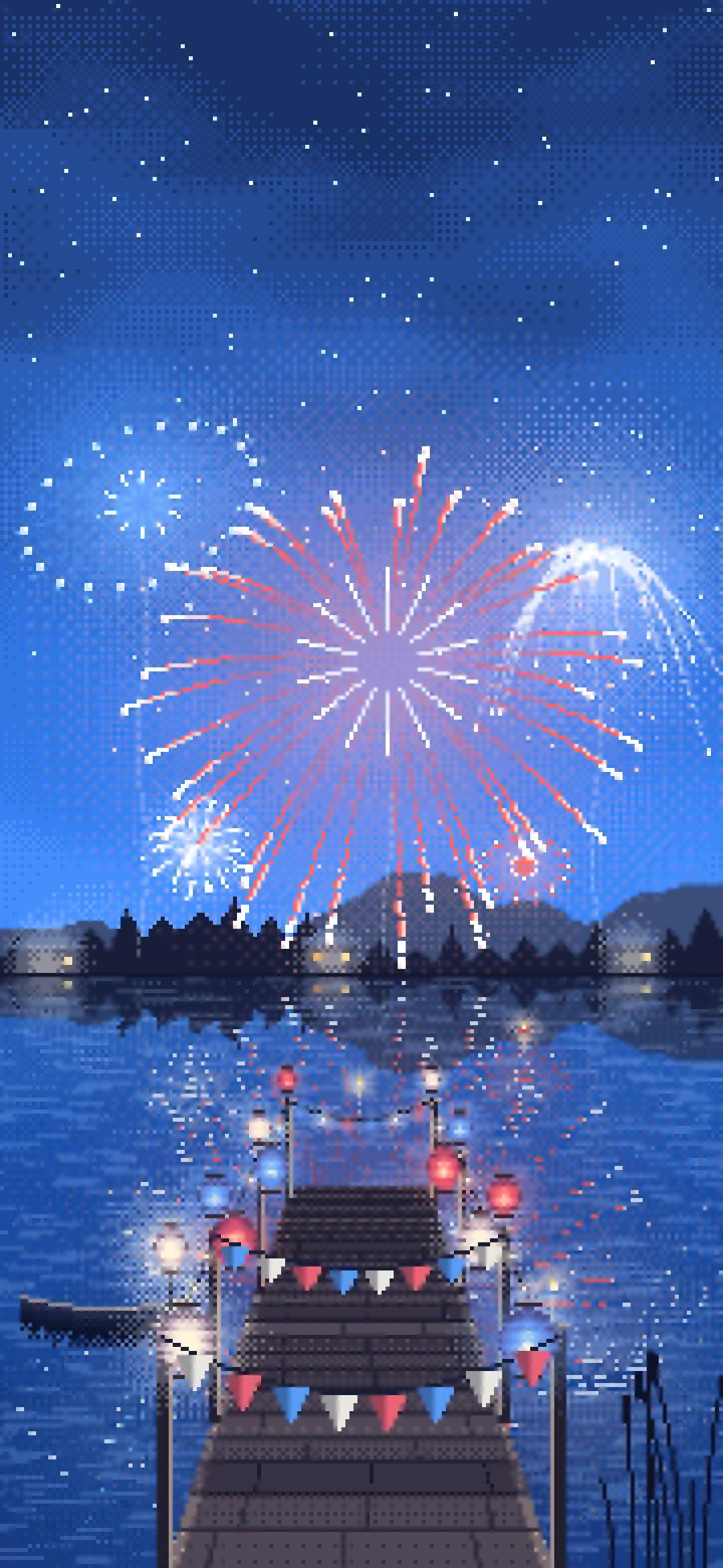 Blue Pixel Art 4th of July Fireworks over a Lake wallpaper for iPhone and Android