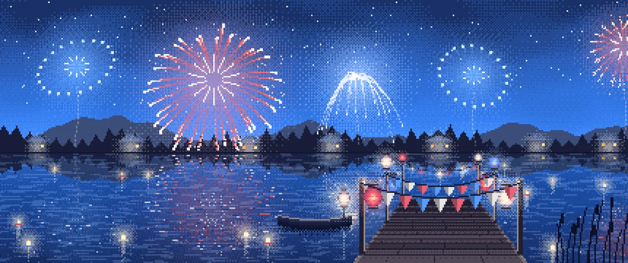Blue Pixel Art 4th of July Fireworks over a Lake ultrawide wallpaper, 3440 × 1440