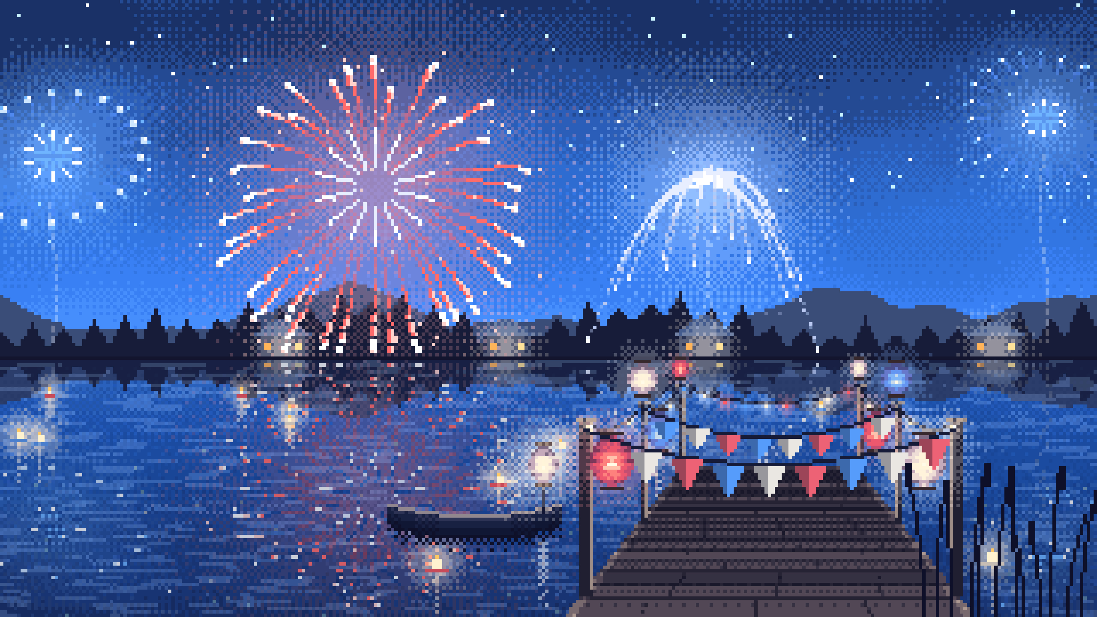 Blue Pixel Art 4th of July Fireworks over a Lake desktop wallpaper in 4K