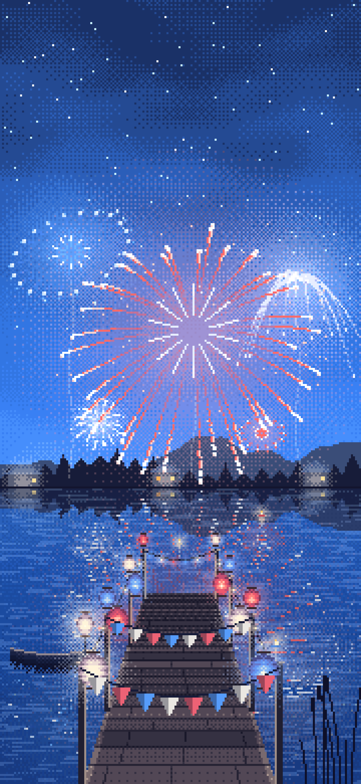 Blue Pixel Art 4th of July Fireworks over a Lake wallpaper for iPhone and Android