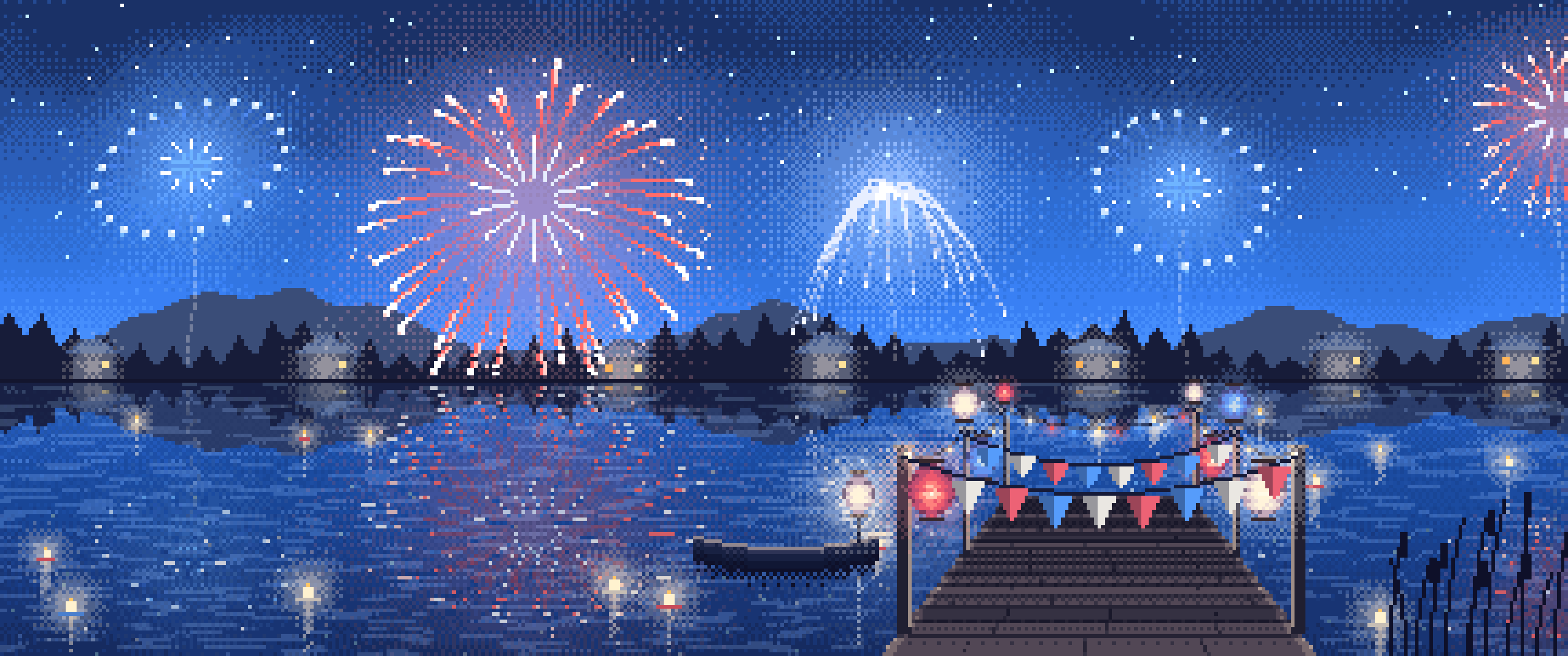 Blue Pixel Art 4th of July Fireworks over a Lake ultrawide wallpaper, 3440 × 1440