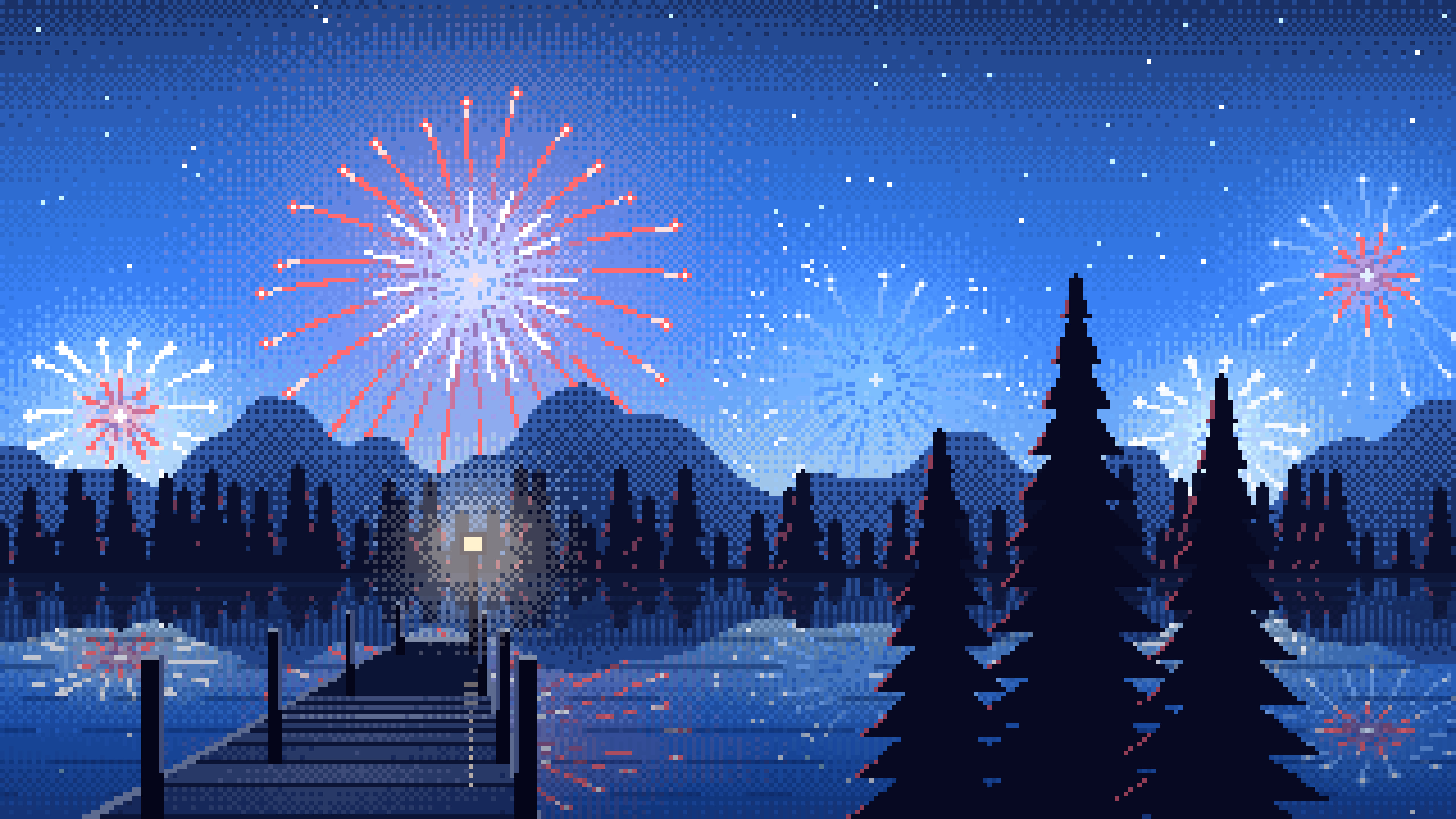 Blue Pixel Art 4th of July Fireworks desktop wallpaper in 4K