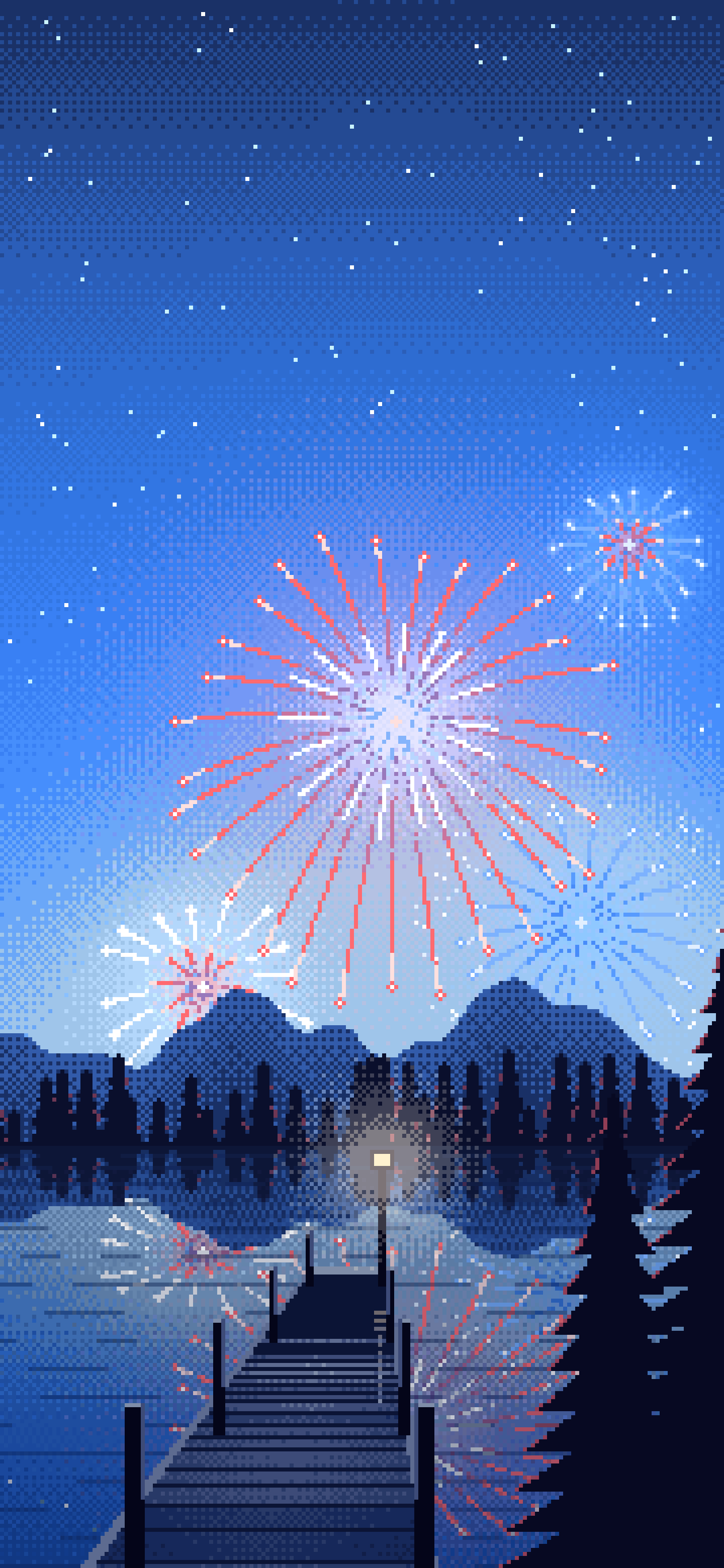Blue Pixel Art 4th of July Fireworks wallpaper for iPhone and Android