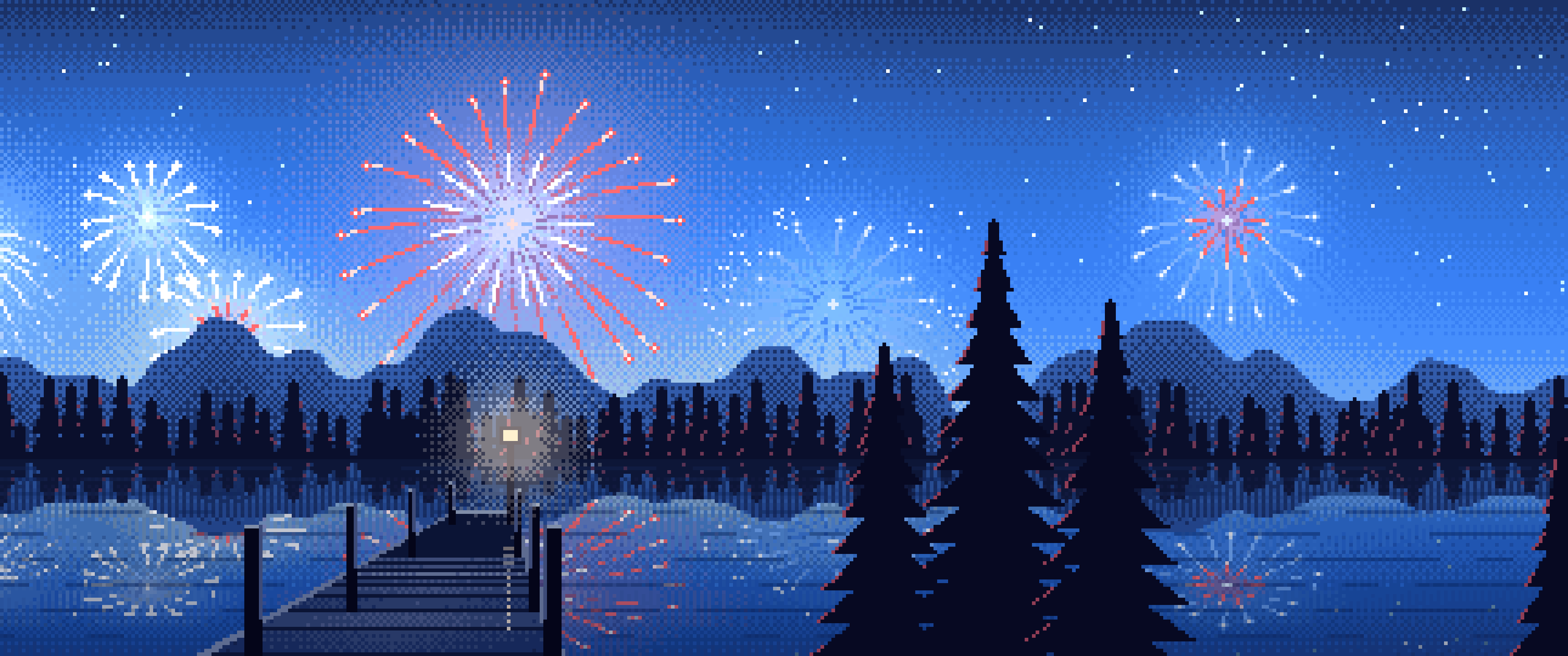 Blue Pixel Art 4th of July Fireworks ultrawide wallpaper, 3440 × 1440
