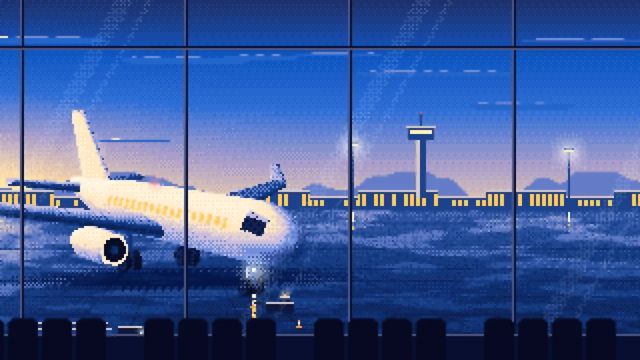 Blue Pixel Art Airplane at the Airport at Dusk desktop wallpaper in 4K