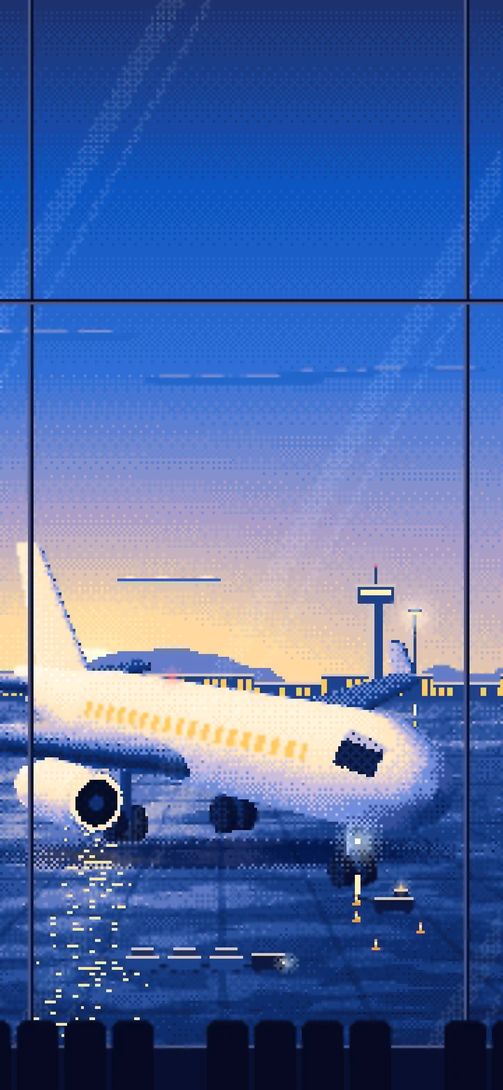 Blue Pixel Art Airplane at the Airport at Dusk wallpaper for iPhone and Android