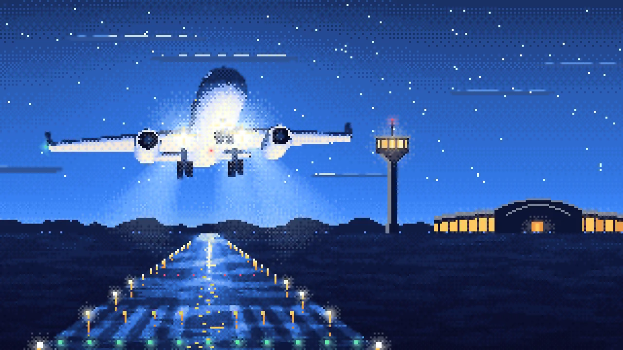 Blue Pixel Art Airplane Landing at Night desktop wallpaper in 4K