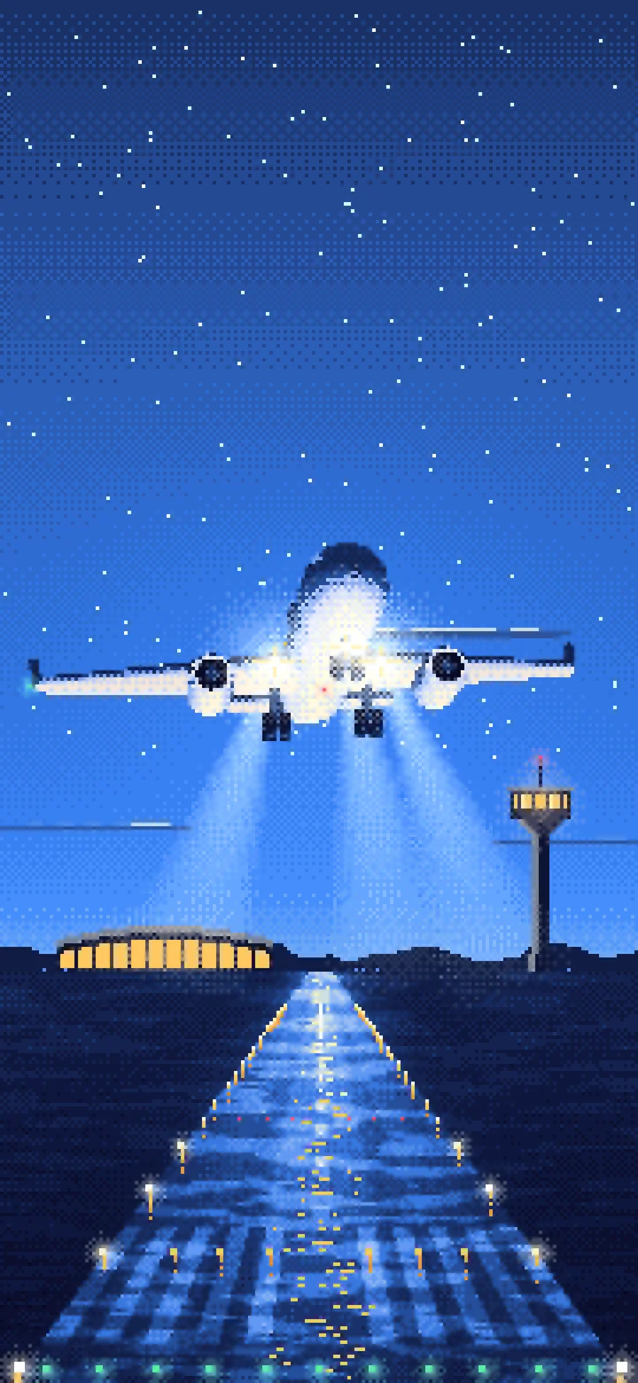 Blue Pixel Art Airplane Landing at Night wallpaper for iPhone and Android