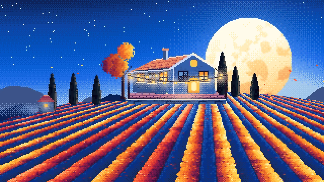 Blue Pixel Art Autumn Vineyard under a Harvest Moon desktop wallpaper in 4K