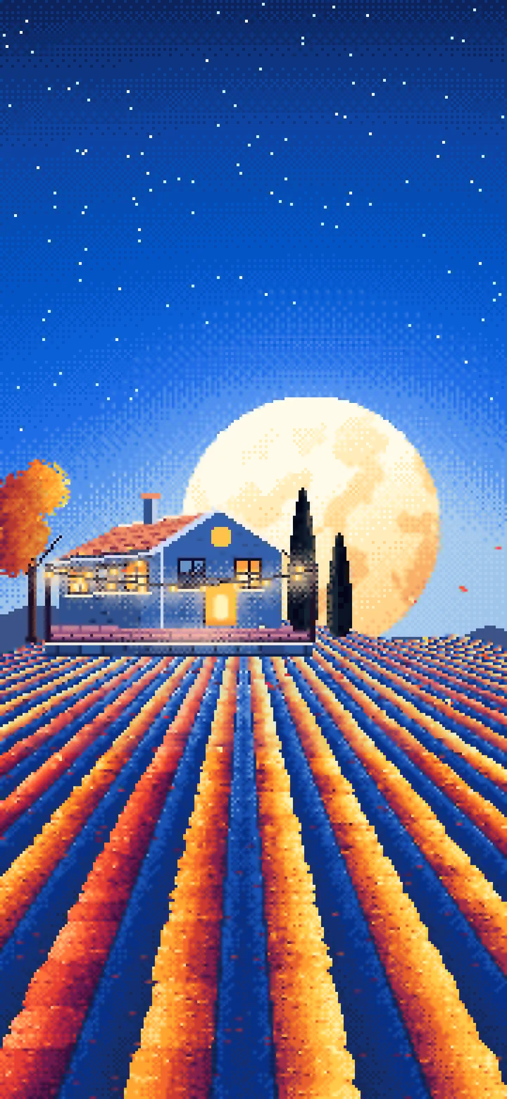 Blue Pixel Art Autumn Vineyard under a Harvest Moon wallpaper for iPhone and Android
