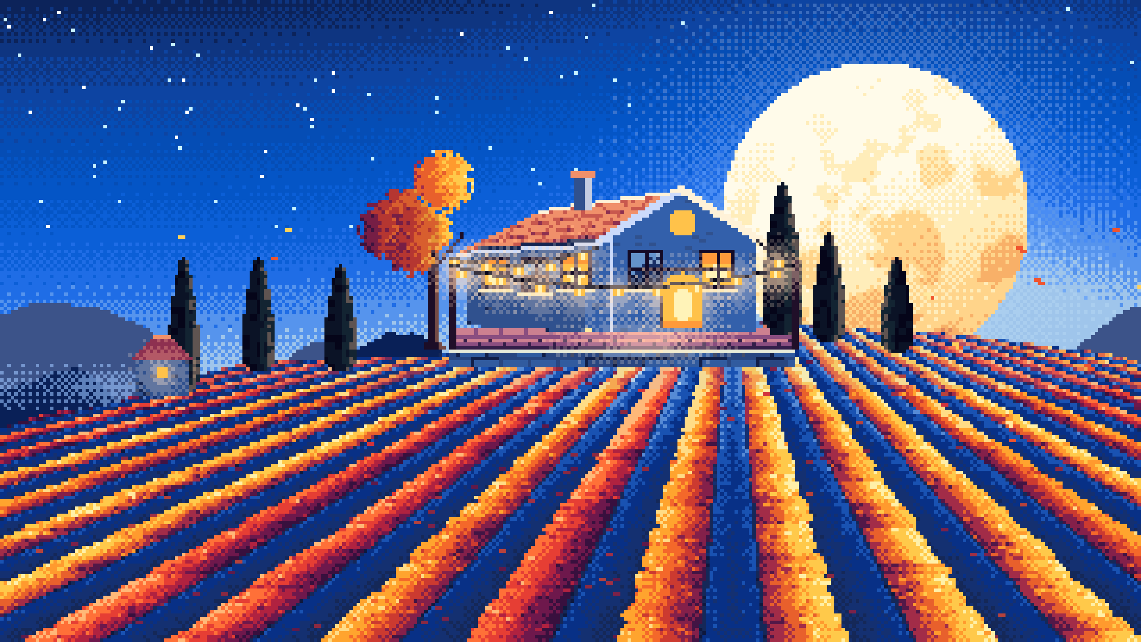 Blue Pixel Art Autumn Vineyard under a Harvest Moon desktop wallpaper in 4K