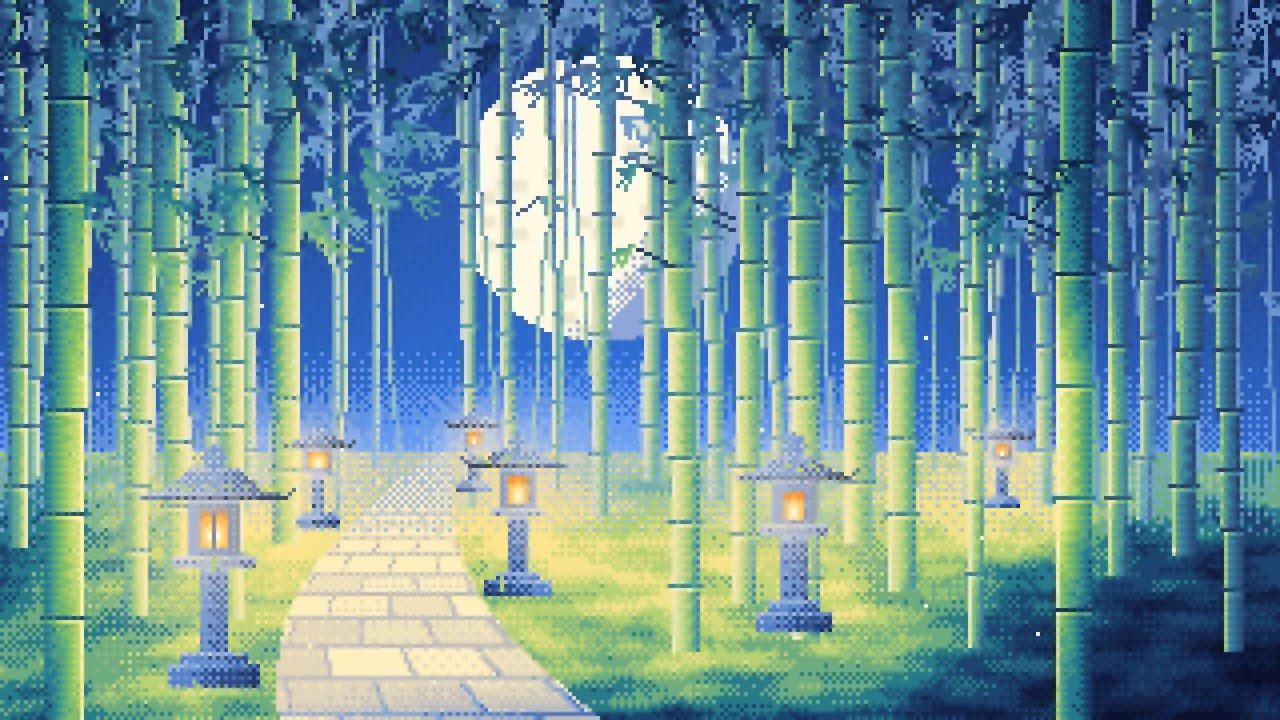 Blue Pixel Art Bamboo Path at Night desktop wallpaper in 4K