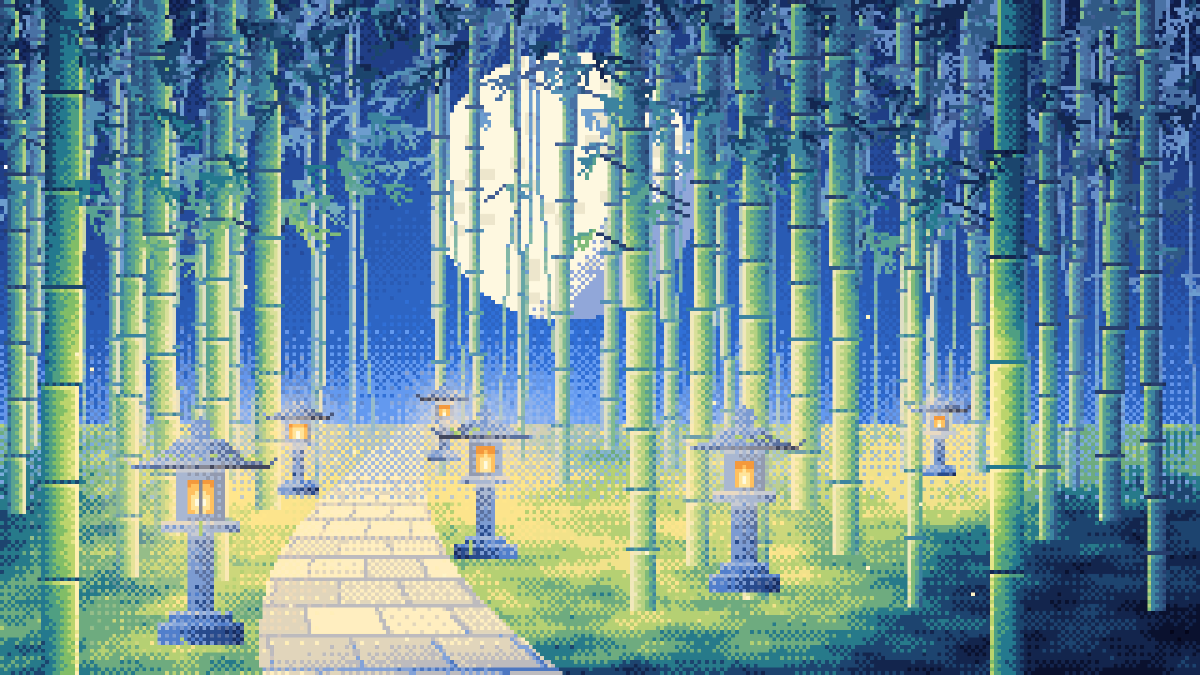 Blue Pixel Art Bamboo Path at Night desktop wallpaper in 4K